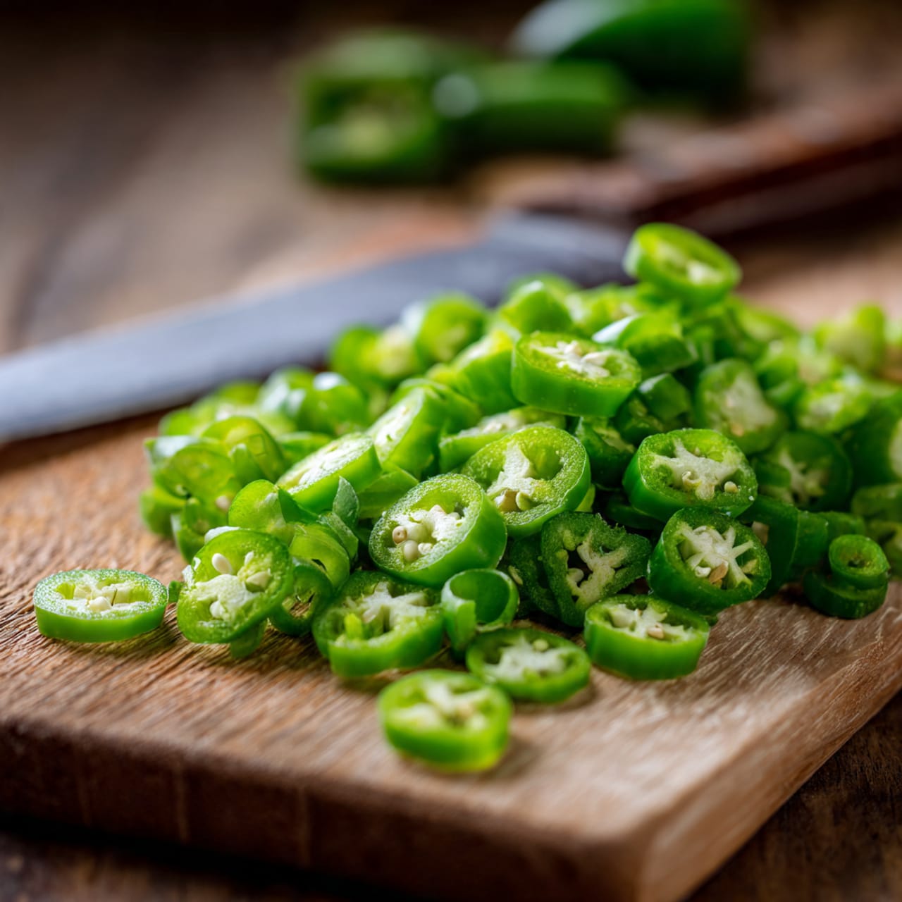 A pile of small, round, bright green chili slices is spread on a wooden cutting board with a smooth texture, with a knife resting near the top edge of the board. The chili slices show a white center with seeds inside. The background is softly blurred. Photo taken with an iphone --ar 4:5 --v 7