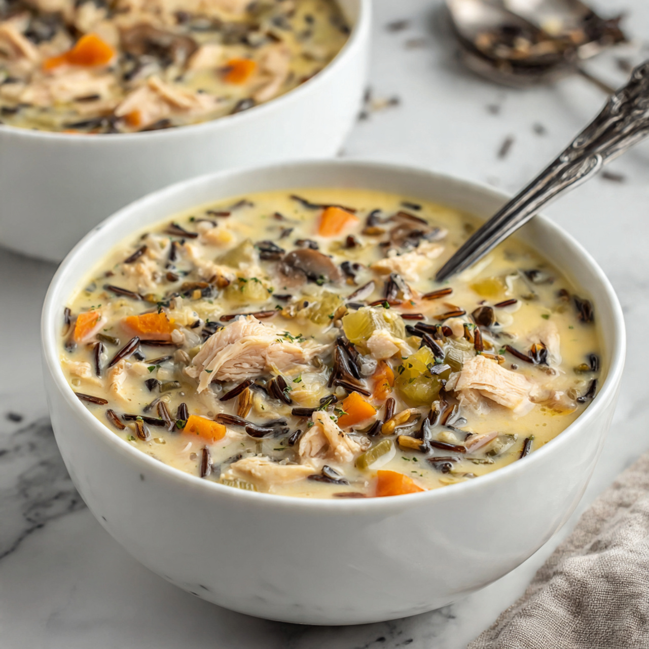 A white bowl filled with creamy soup that has visible layers of diced light brown chicken pieces, sliced brown mushrooms, small orange carrot cubes, and green celery bits mixed with wild rice strands in a thick white broth, with a silver spoon resting inside the bowl. Another bowl with the same soup is partially visible in the background, placed on a white marbled surface. photo taken with an iphone --ar 4:5 --v 7
