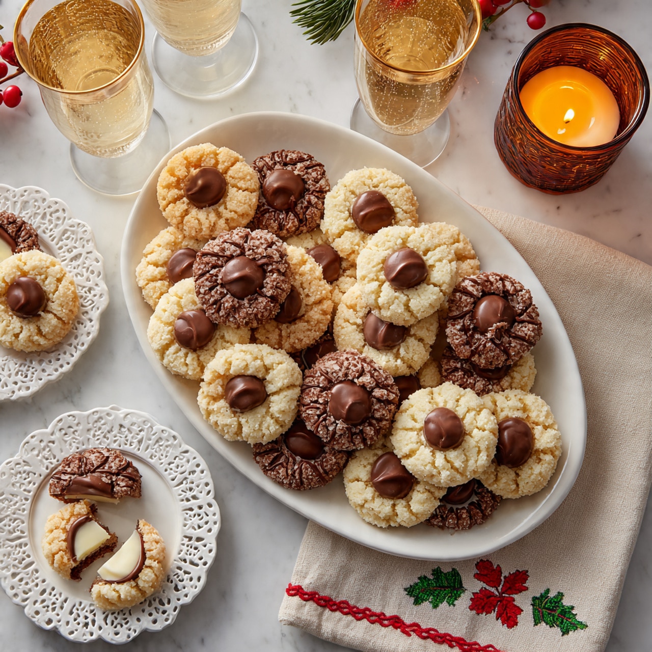 The image shows many round cookies with a rough sugar-coated surface, each topped with a smooth chocolate piece in the center. There are two types of chocolate pieces: plain milk chocolate and white chocolate with milk chocolate stripes. The cookies are laid on a white marbled surface, with one cookie having a bite taken out, showing the soft texture inside around the central chocolate. The brown color of the cookies contrasts with the shiny chocolate tops and coarse sugar crystals on the outside. The cookies are arranged close together, filling the frame. photo taken with an iphone --ar 4:5 --v 7