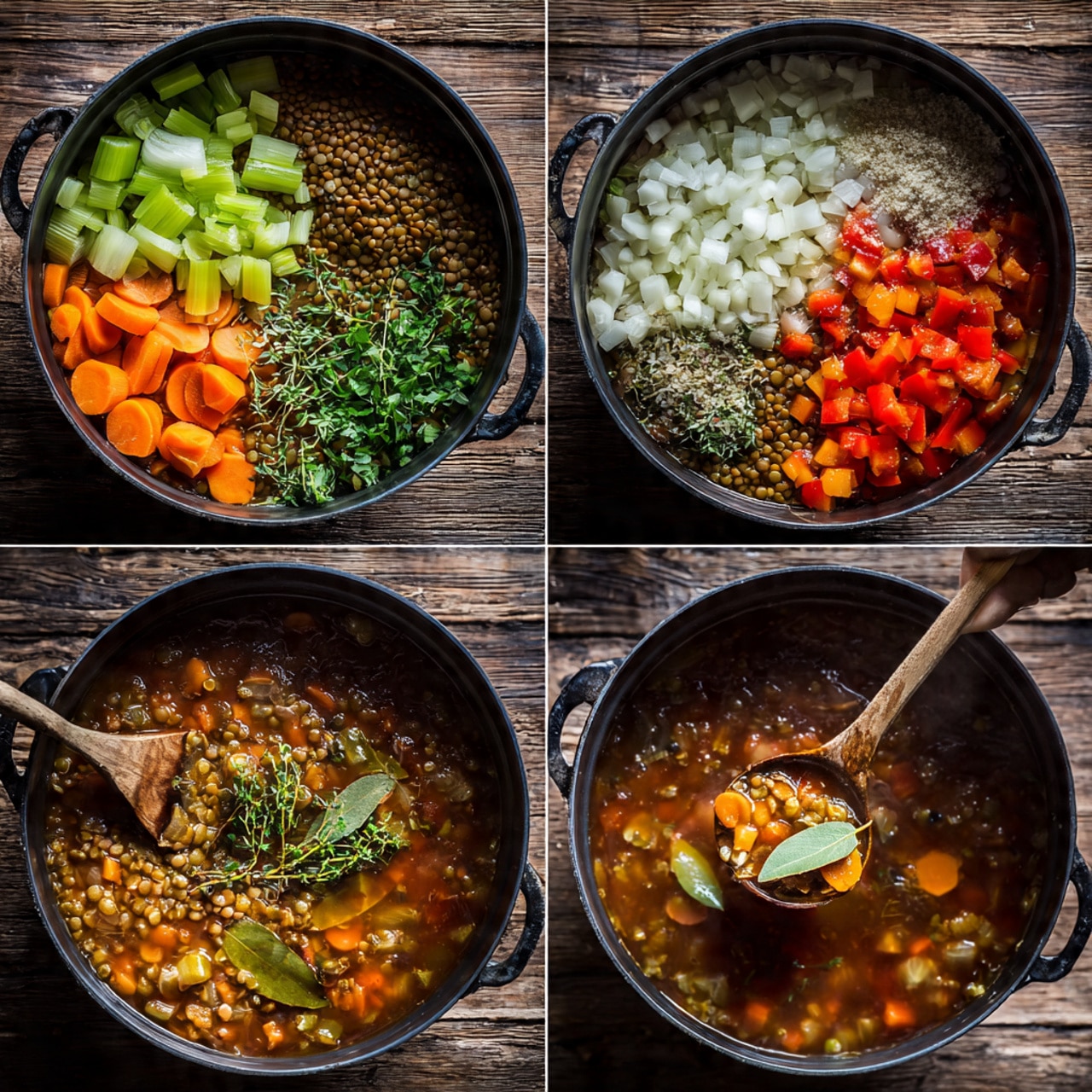The image shows four steps of making lentil soup in a black pot on a wooden surface. In the first step, there are four groups of raw chopped vegetables: green celery pieces, white onion chunks, bright orange carrot slices, and red bell pepper cubes, each in their own section. The second step adds cooked lentils on top of the cooked mixed vegetables that are now softer and slightly orange, with piles of minced garlic, salt, pepper, and herbs placed on the lentils. The third step shows the soup cooking with a dark reddish broth, visible lentils, and vegetables, with a wooden spoon stirring it and fresh green herbs added on top, along with a bay leaf floating. The last step shows a vintage ladle lifting a serving of the thick lentil soup with visible lentils, carrot slices, and herbs. The photo is taken with an iphone --ar 4:5 --v 7