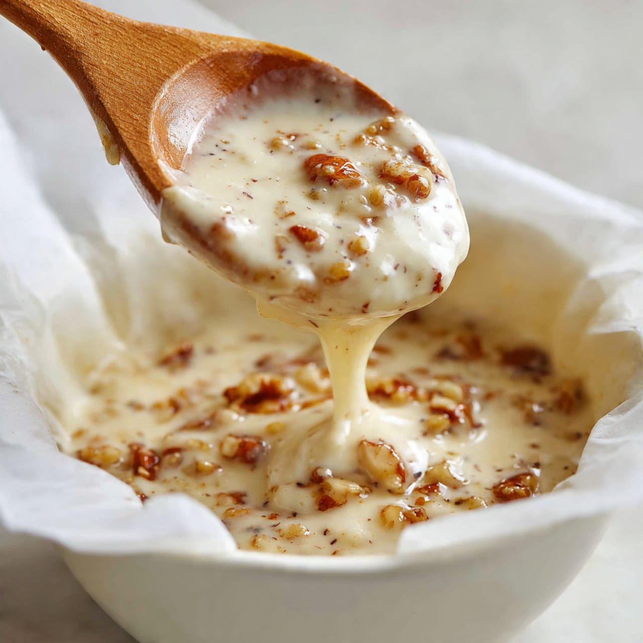 A close-up shot shows a woman's hand holding a spoon, dripping thick, light brown caramel sauce over square oatmeal bars. Each bar has two visible layers: a lighter beige base with a rough, crumbly texture and a darker, crumbly topping with small nut pieces. The bars are placed close together on a black tray set on a white marbled surface. A blurred jar filled with caramel sauce is in the background. The overall look is warm and inviting, with soft natural light highlighting the textures. photo taken with an iphone --ar 4:5 --v 7
