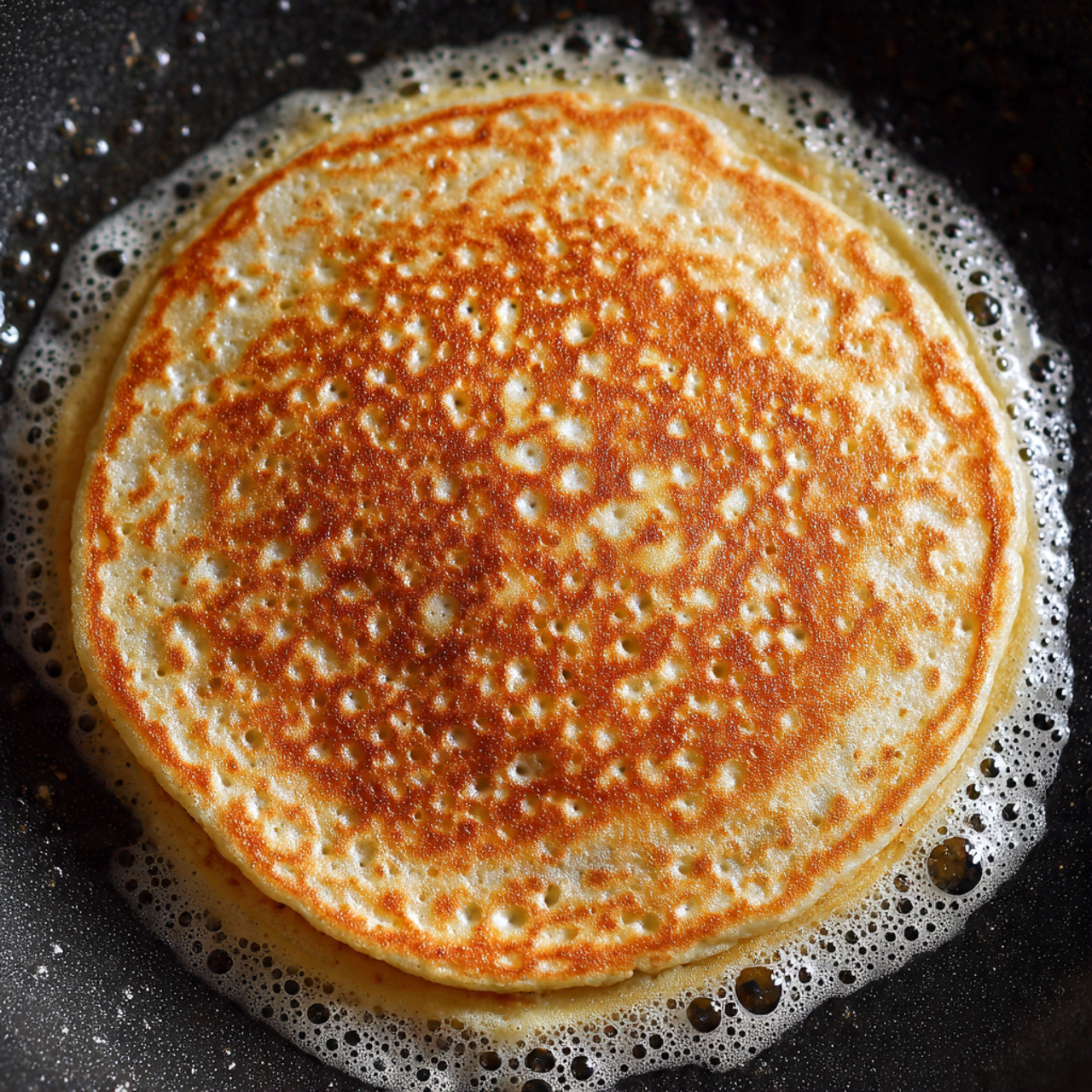 The image shows a stack of five thick, golden-brown pancakes on a white plate. Each pancake has a slightly rough texture with a warm, toasted color. On top of the stack, there is a square piece of melting butter with syrup slowly dripping down the sides of the pancakes, creating shiny, amber-colored streaks. The plate sits on a white marbled surface with a light beige wall in the background. photo taken with an iphone --ar 4:5 --v 7
