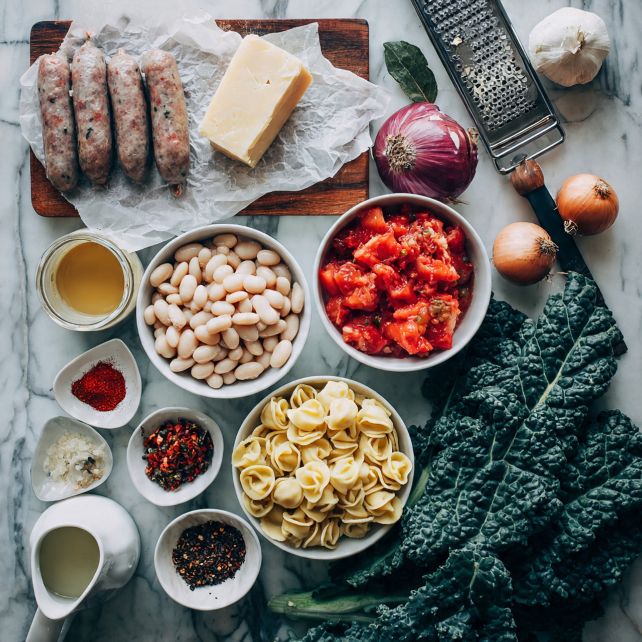 The image shows two white bowls filled with a rich pasta soup, placed on a wooden board and a white plate with a gray napkin underneath. Each bowl contains layers of small pasta pieces, sliced greens, minced meat, and a tomato-based broth that is orange-red in color. The pasta is light yellow and the greens provide a deep green contrast while the meat is brownish. One bowl has a metal spoon inside it. A white bowl with a large wedge of pale yellow cheese and shreds of cheese sits at the top right, alongside a small white dish with black pepper inside it. Fresh basil leaves are scattered around the bowls for garnish on a white marbled surface. Photo taken with an iphone --ar 4:5 --v 7