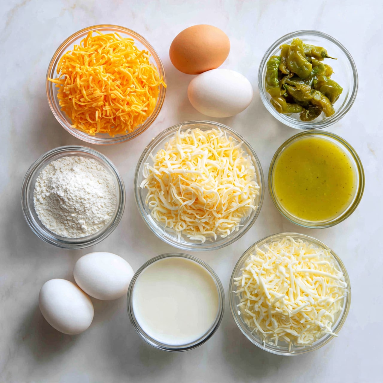 A square white ceramic baking dish filled with a baked casserole that has a golden-yellow top layer with patches of white melted cheese and small browned spots, giving a slightly bubbly texture. Underneath the top, hints of a creamy mixture with green bits are visible around the edges, suggesting layers of cooked ingredients beneath the cheese. The dish sits on a white marbled surface with a striped cloth in beige, red, turquoise, and green colors underneath one side of the dish. Photo taken with an iphone --ar 4:5 --v 7
