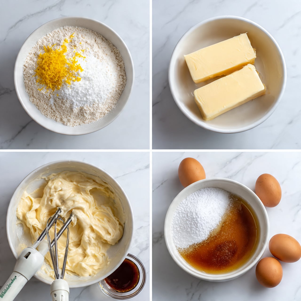 The image is divided into four parts showing the steps of mixing ingredients in white bowls on a white marbled surface. The top left shows a white bowl filled with white flour topped with white sugar and bright yellow lemon zest scattered on top. The top right bowl contains two sticks of pale yellow butter resting in white granulated sugar. The bottom left shows the same white bowl with a creamy pale yellow mixture and a woman's hand mixer with two beaters inside, along with whole raw eggs in a clear glass bowl nearby. The bottom right bowl contains the pale yellow creamy mix with a dark brown liquid and granulated sugar on top, partially mixed. Photo taken with an iphone --ar 4:5 --v 7