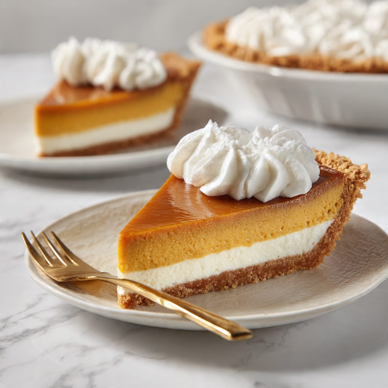 The image shows a pie resting on a silver cooling rack over a white marbled surface. The pie has two main layers: the outer crust is a light brown crumbly texture forming a thick ring around the edge, and the filling inside is smooth and creamy with a slightly darker golden brown color, filling the center evenly without any topping. The pie is round and placed in a round metal pie dish. Photo taken with an iphone --ar 4:5 --v 7