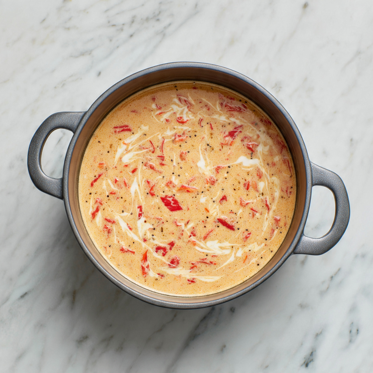 A large white pot filled with a soup showing multiple layers: a bright orange broth base with visible oil spots, chunks of light-colored meat scattered evenly, dark green leafy vegetables floating on top, and small pieces of red pepper adding color contrast. The pot sits on a white marbled surface, viewed from above showing the handles on each side. photo taken with an iphone --ar 4:5 --v 7