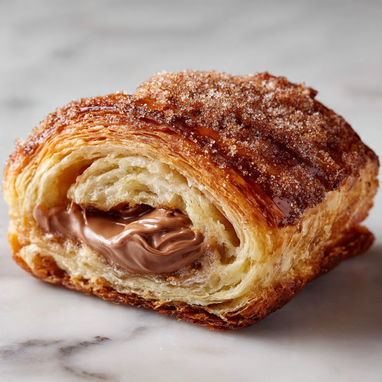 The image shows six cinnamon sugar pastries shaped like roses arranged closely on a round white plate. Each pastry has multiple light brown to golden layers spiraled to form a flower shape, with a dusting of cinnamon sugar giving the surface a slightly grainy texture. Small, dark chocolate swirls sit at the center of some of the rose shapes, adding a glossy contrast. The plate is set on a white marbled surface, with a green cloth partially visible on the bottom left. In the background, there is a glass mug filled with coffee topped with light foam, slightly out of focus, adding warmth to the scene. Photo taken with an iphone --ar 4:5 --v 7