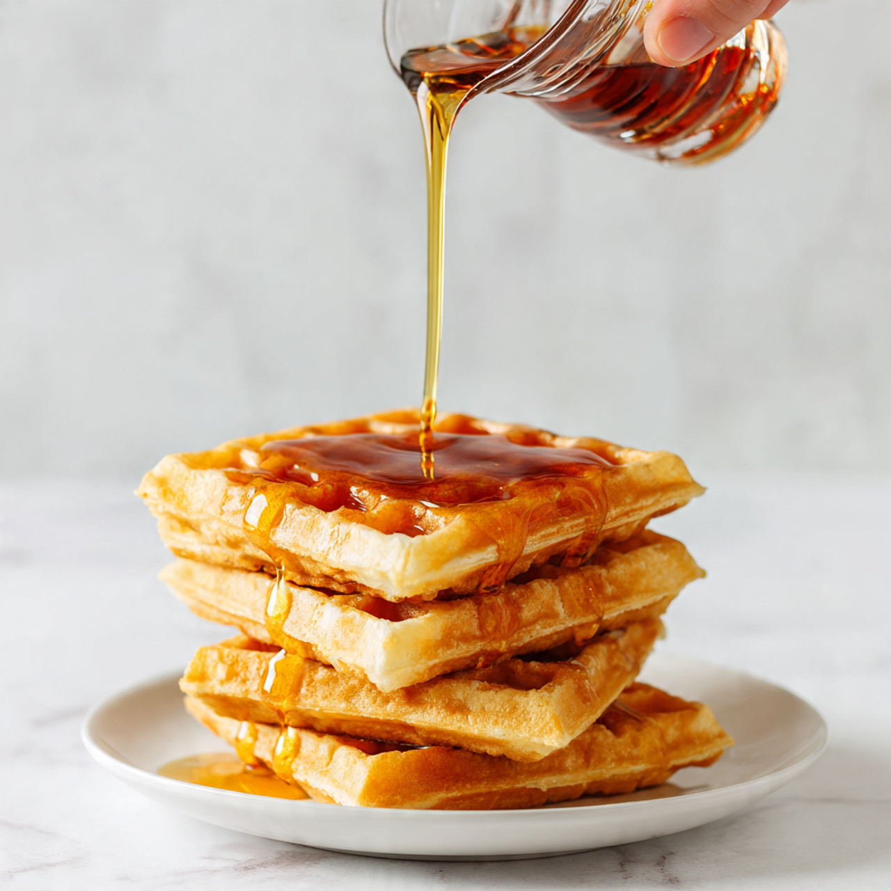 Four golden brown waffles are arranged overlapping on a large white plate, each with a pat of melting yellow butter resting in the center and amber syrup filling the waffle pockets, creating a glossy texture. To the left of the plate, a fork and knife with beige and brown marbled handles lie parallel on the white marbled surface. In the top left corner, a white bowl filled with sliced strawberries, blueberries, and a whole apricot adds bright red, blue, and orange colors. To the right, a clear glass cup holds deep red syrup, and next to it, a small wooden bowl contains several rectangular pats of yellow butter. The scene is lit with soft, natural light showing all textures clearly photo taken with an iphone --ar 4:5 --v 7