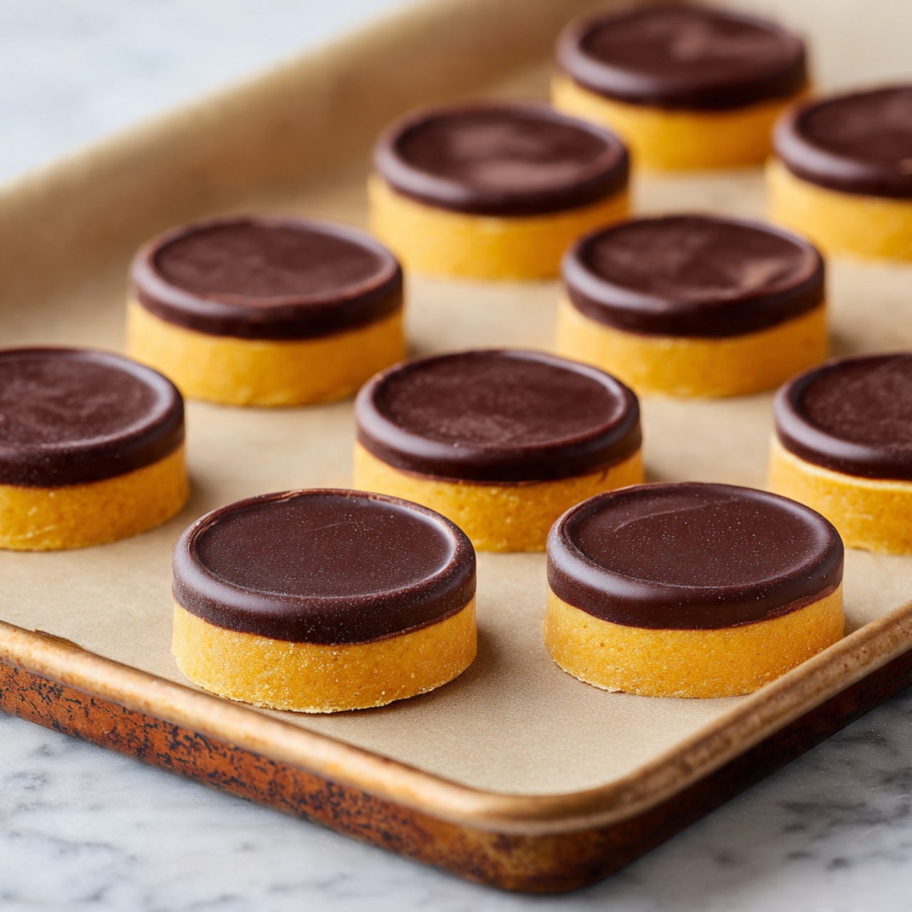 A rusty baking tray holds a sheet of parchment paper with eight round chocolate-covered treats evenly spaced on it. Each treat is smooth and glossy, coated entirely in milk chocolate, and topped with small clusters of red, green, and white sprinkles. The treats are about the same size, with slight chocolate drips on some edges. The background surface is changed to a white marbled texture. photo taken with an iphone --ar 4:5 --v 7