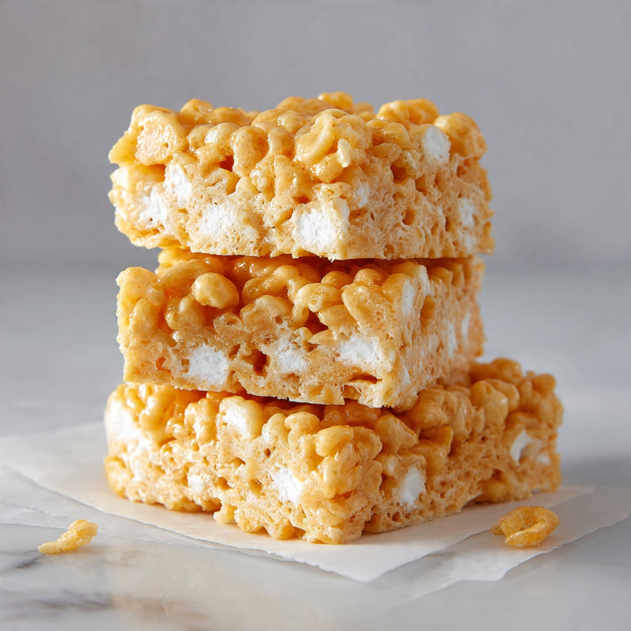 The image shows a square white baking dish filled with a creamy casserole topped with a thick layer of golden, crunchy cornflakes. The top surface is textured with clusters of flakes giving a rough and slightly uneven look, with creamy sauce peeking through in places. The dish is placed on a white marbled texture surface, with soft natural light enhancing the orange and beige tones of the cornflake topping. Photo taken with an iphone --ar 4:5 --v 7