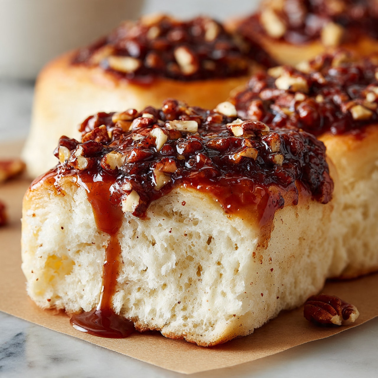 The image shows a rectangular tray of sticky sweet rolls with three of the rolls pulled apart from the main batch. The base layer is soft, light tan dough. The top layer is thickly covered with chopped pecans in dark brown and caramel sauce drizzled all over, creating a shiny, sticky texture. The rolls have a golden-brown crust around the edges, and the inside dough looks fluffy and white. The tray sits on a white marbled surface. photo taken with an iphone --ar 4:5 --v 7