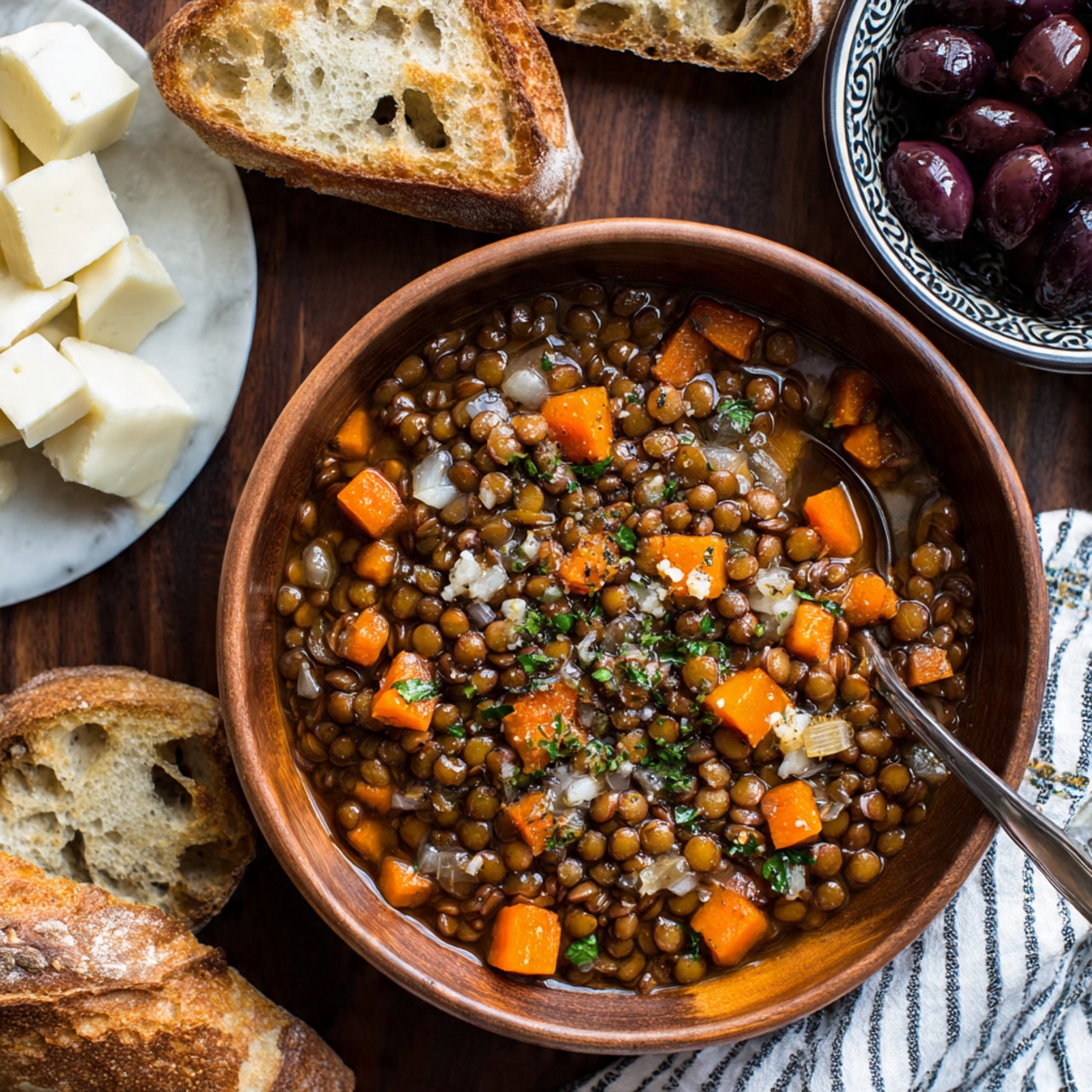 A close-up view of a brown bowl filled with cooked lentils mixed with small pieces of orange carrots, light tan onions, and tiny green herbs in a shiny brownish broth, with a spoon resting inside the bowl on the left side. Surrounding the bowl are torn pieces of crusty bread with a golden crust, a white plate holding white cubes of cheese at the bottom left, and a white bowl filled with dark purple olives on the right, all placed on a dark wooden surface with a white and blue striped cloth partly visible. Photo taken with an iphone --ar 4:5 --v 7