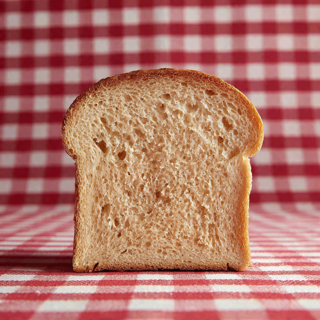 The image shows a loaf of white bread sliced into five thick pieces layered on top of each other, with two extra slices lying flat in front. The bread has a golden brown crust with a soft, fluffy white inside visible in each slice. The loaf rests on a red and white checkered cloth placed on a white marbled surface with a small green leaf nearby. The lighting highlights the texture of the crust and the softness of the inside. Photo taken with an iphone --ar 4:5 --v 7