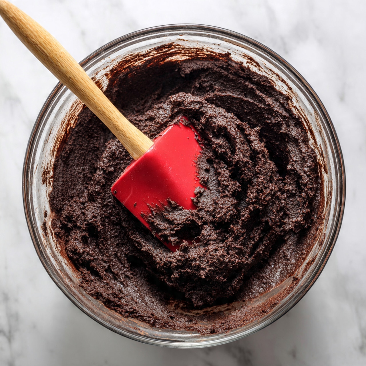 The image shows a close-up of a stack of three dark chocolate cookies on a dark surface, with the top cookie partially eaten, revealing a soft and moist inside. The cookies are round with a cracked texture on the outside, coated lightly with sugar crystals. Swirls of melted dark and white chocolate are spread on top of the top cookie, creating a marbled effect with smooth, glossy texture. In the background, blurry cookie stacks are visible on a white marbled surface. photo taken with an iphone --ar 4:5 --v 7