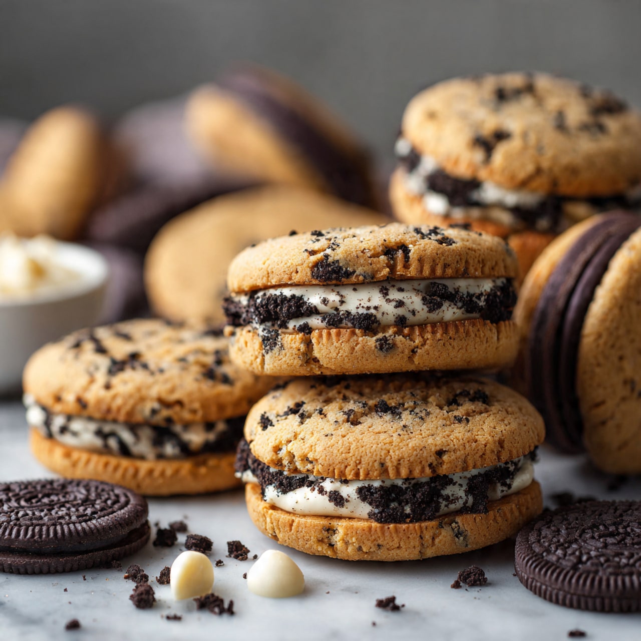 A top view of a white mixing bowl filled with thick, creamy light tan batter being mixed by two shiny metal beaters attached to a hand mixer. The batter has soft swirls and a smooth texture, with some batter clinging to the sides of the bowl. The bowl sits on a white marbled surface. Photo taken with an iphone --ar 4:5 --v 7