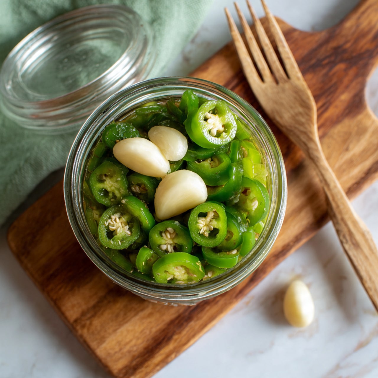 The image shows a glass jar viewed from above, filled with two main layers. The bottom layer consists of round, sliced green jalapeño peppers with a smooth and shiny texture. On top, there are three whole peeled garlic cloves that are light cream in color and smooth. The jar is open, with the lid lying nearby on a wooden board. In the background, soft green cloth and green chili peppers are slightly out of focus, all placed on a white marbled surface. Photo taken with an iphone --ar 4:5 --v 7