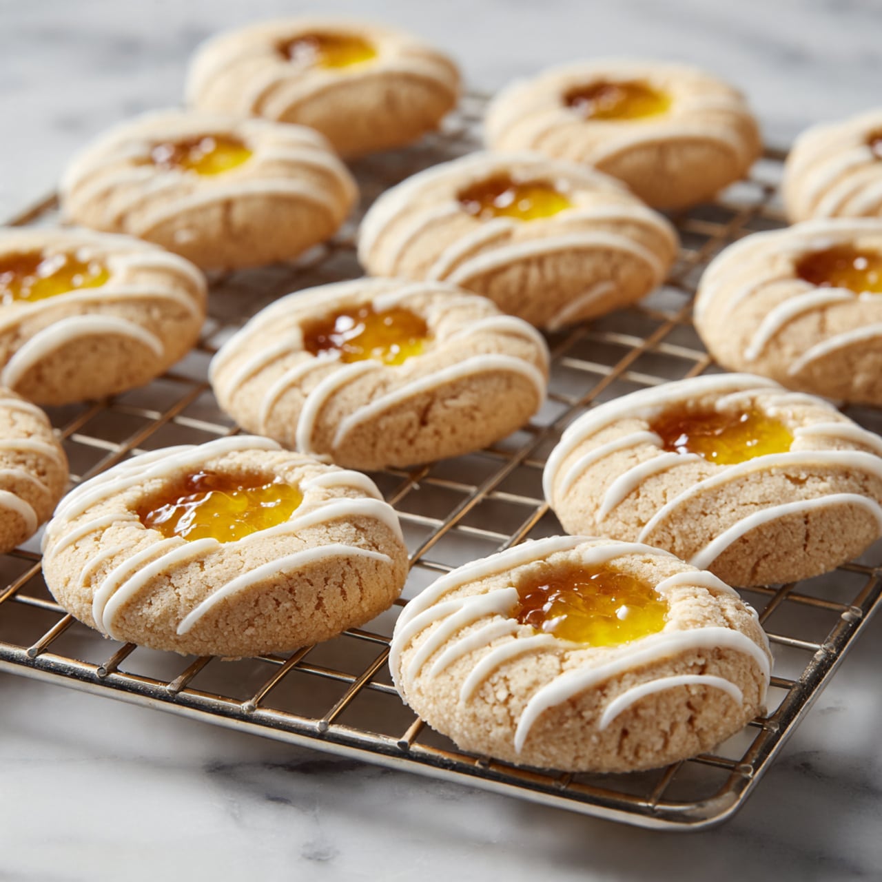 Rows of round thumbprint cookies are arranged on a metal cooling rack over a white marbled surface. Each cookie has a light beige base with a smooth, slightly crumbly texture. The center of every cookie holds a bright yellow jam filling, glossy and thick, sitting neatly in a small hollow. On top of the cookies, thin white icing stripes are drizzled diagonally in a loose pattern, adding contrast and shine. The cookies are evenly spaced and uniformly shaped, creating a clean and inviting look. Photo taken with an iphone --ar 4:5 --v 7