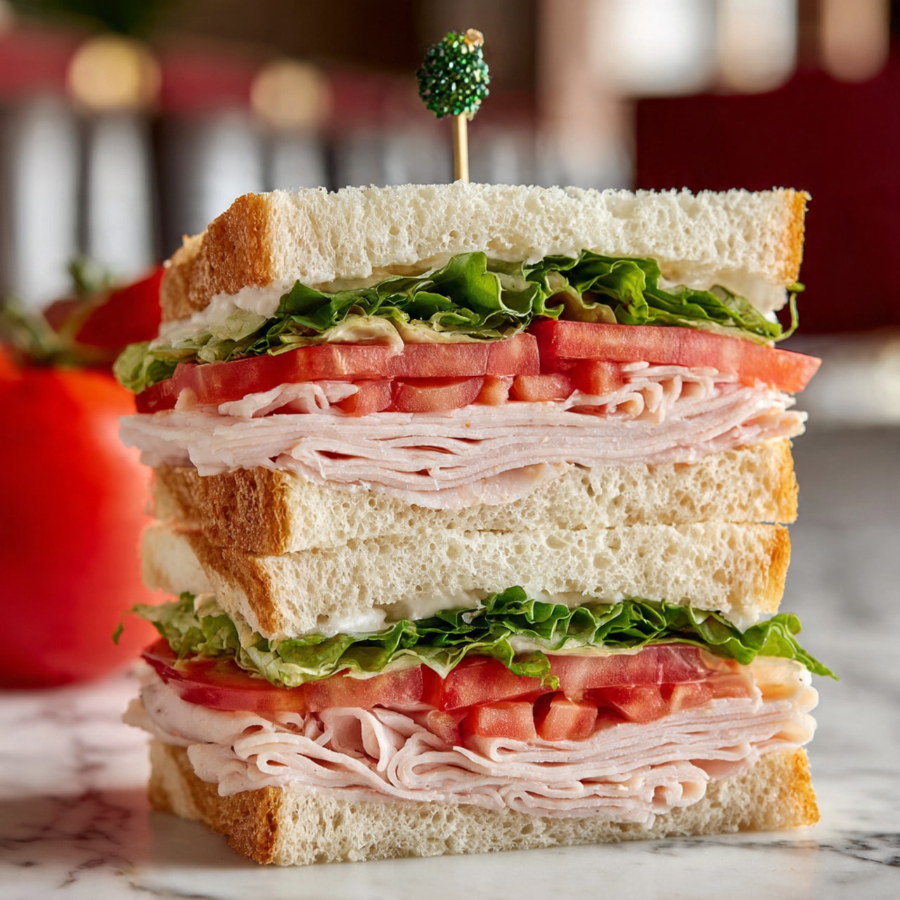 A single slice of light brown bread with a soft and airy texture stands upright on a red and white checkered cloth. The crust is darker brown, slightly rounded at the top, and the inside shows an even, porous crumb with small holes. The background is a white marbled texture. Photo taken with an iphone --ar 4:5 --v 7