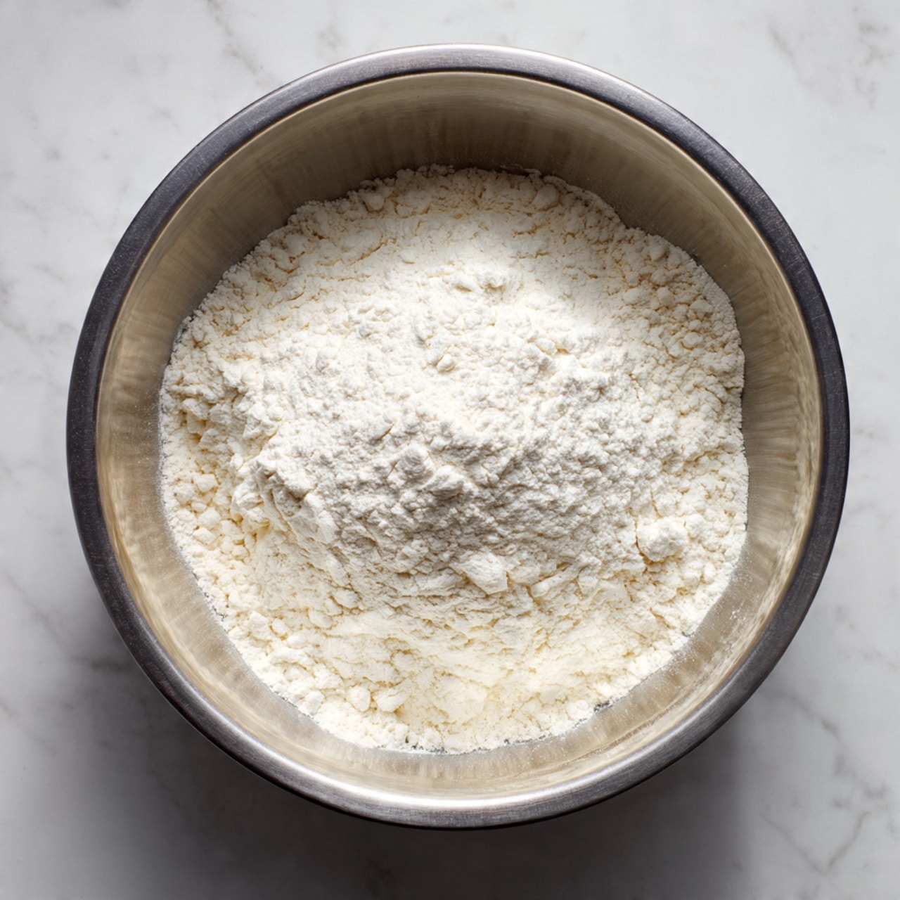 A metal mixing bowl contains a single layer of white flour spread evenly inside it. The bowl is placed on a white marbled surface, and the flour has a slightly rough texture with some small clumps visible. Light falls softly from above, casting gentle shadows around the edges of the bowl, highlighting the smooth metallic finish and the powdery texture of the flour inside. photo taken with an iphone --ar 4:5 --v 7