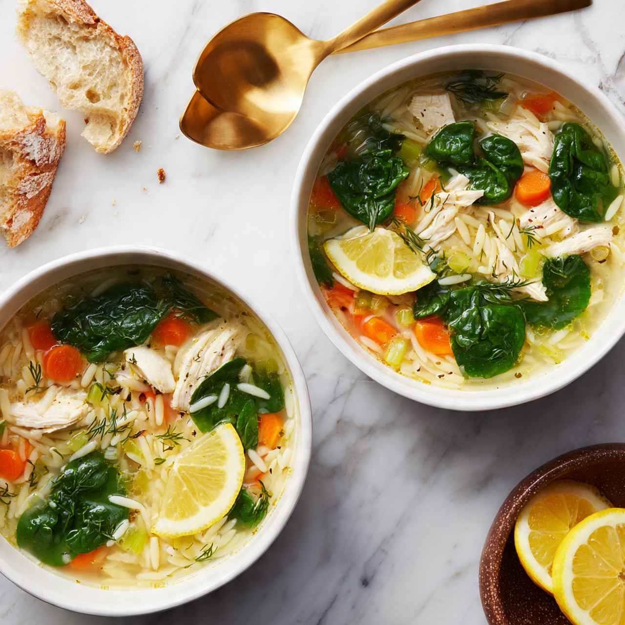 Two white shallow bowls filled with clear broth soup containing three main layers: tender white chicken pieces, small orange carrot slices, and translucent orzo pasta scattered evenly throughout; fresh dark green spinach leaves and bright yellow lemon slices layered on top in one bowl create a fresh look, while small flecks of light green dill and celery pieces float in the broth. The bowls rest on a white marbled surface with torn pieces of crusty bread around them, and two gold spoons are placed near the top right side. In the bottom right corner, a small bowl of lemon wedges is partially visible. photo taken with an iphone --ar 4:5 --v 7