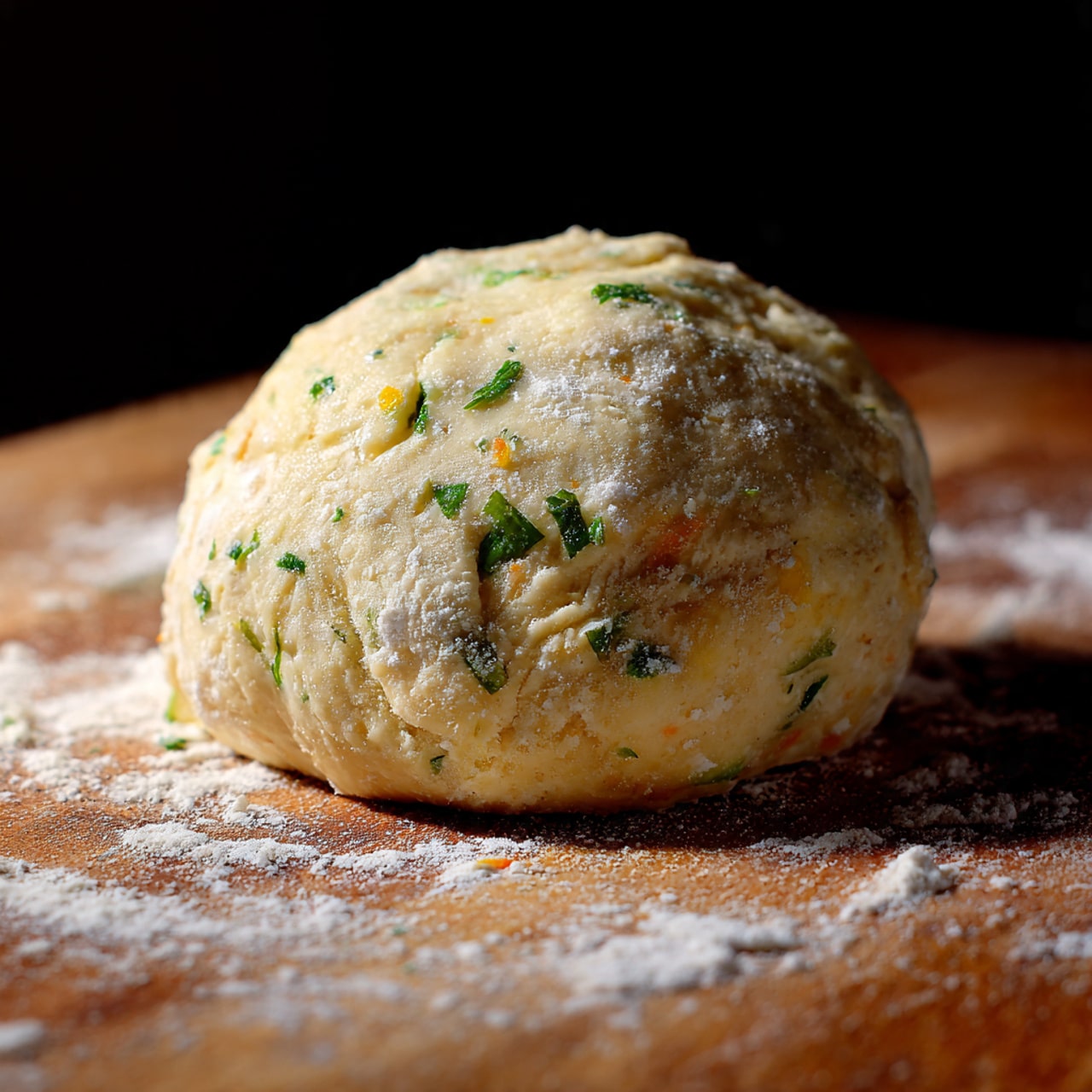 A close-up view of a rough, round ball of dough resting on a floured wooden surface, the dough showing small green and yellow bits mixed inside, likely herbs and cheese. The texture of the dough is soft and slightly uneven, with some flour scattered around it on the wooden board. The lighting highlights the creamy, pale-yellow color of the dough mixed with the green and yellow specks. photo taken with an iphone --ar 4:5 --v 7