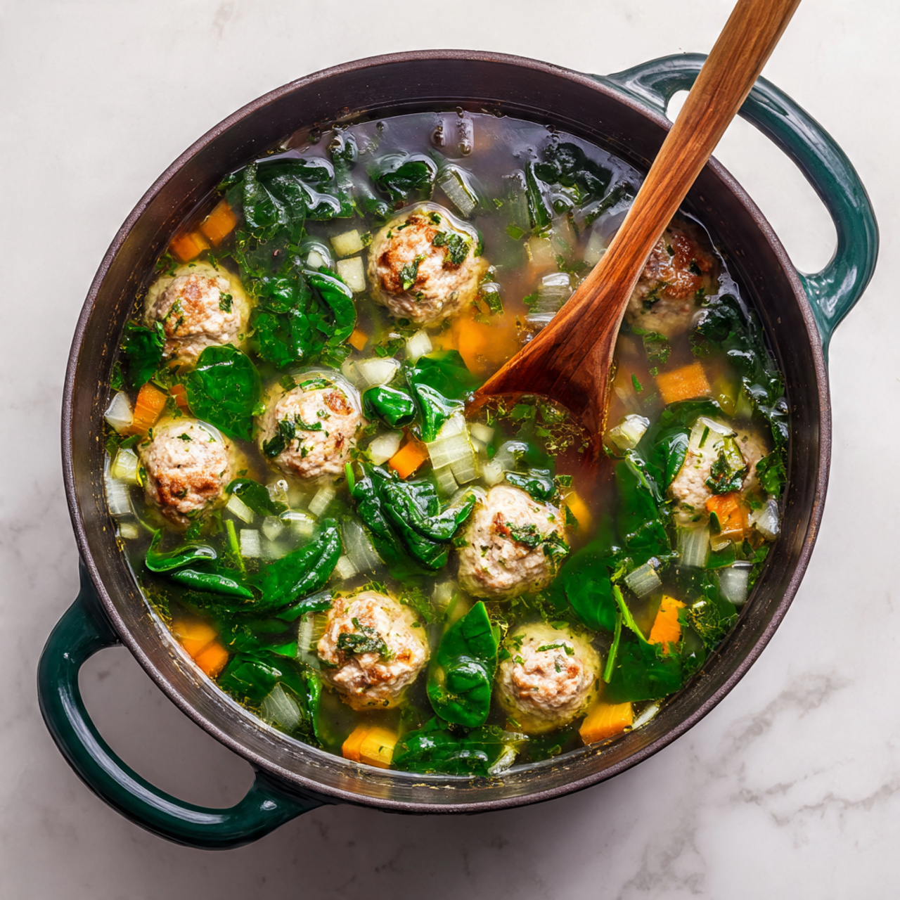 A white bowl filled with clear broth soup containing seven round, white meatballs seasoned with herbs, scattered throughout. The soup also has several slices of bright orange carrots, large pale yellow potato chunks, and fresh dark green spinach leaves mixed evenly in the broth. A silver spoon is placed inside the bowl on the left side, resting on a white and gray striped cloth. The background is a white marbled surface. Photo taken with an iphone --ar 4:5 --v 7