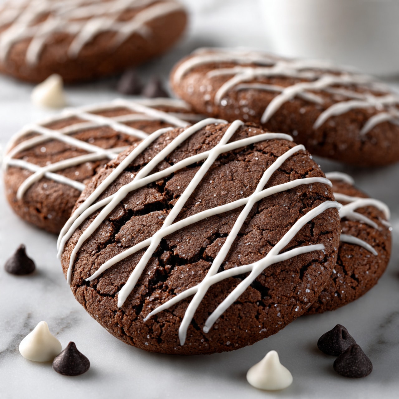 A stack of five round chocolate cookies is in the center, each cookie dark brown with a rough texture and drizzled with white icing in thin, wavy lines. The top cookie has a bite taken out, showing a soft, crumbly inside. Around the stack, similar cookies lie flat on a white marbled surface, also decorated with white icing stripes. Two dark chocolate pieces are next to the cookies on the surface. A soft-focused striped cloth in black and white is in the background, adding a cozy feel. photo taken with an iphone --ar 4:5 --v 7