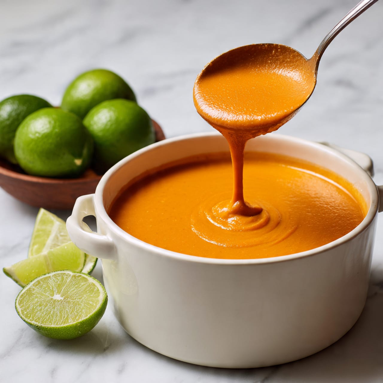 A white speckled bowl filled with smooth orange soup topped with a swirl of white cream, green cilantro leaves, crushed light brown peanuts, and small red chili flakes at the center. The bowl is placed on a white marbled surface. Nearby, a small white bowl holds more crushed peanuts, and another white speckled bowl contains green lime wedges. To the side, several pieces of light brown crusty bread are visible. photo taken with an iphone --ar 4:5 --v 7