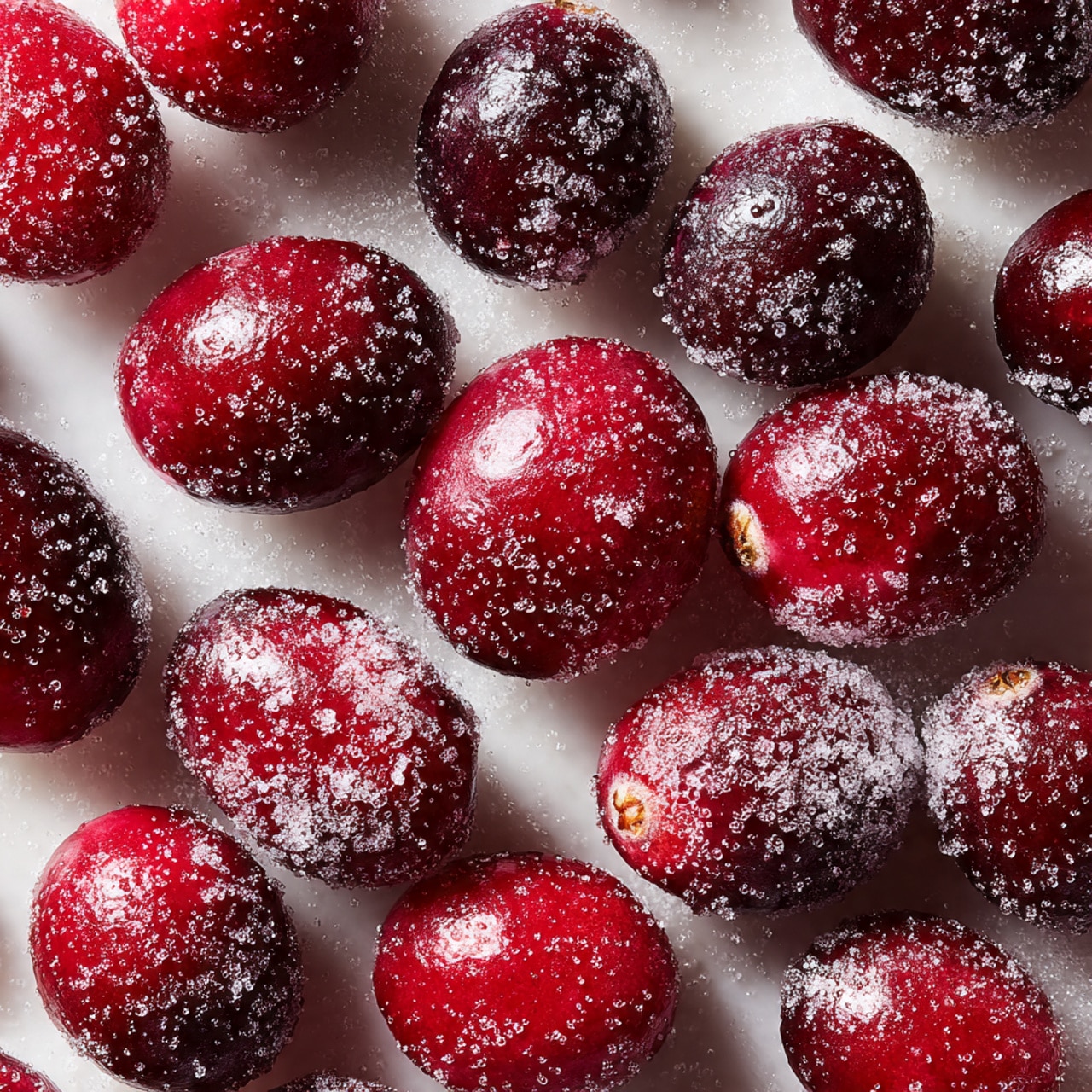The image shows several red cranberries covered in a layer of granulated sugar, spread out on a white marbled surface. The sugar crystals cling to the round berries, creating a sparkling effect with a rough texture, and the berries a bright red with some areas slightly darker under the sugar. The close-up view highlights the contrast between the smooth, glossy surface of the cranberries and the coarse, crystalline sugar, forming a visually appealing pattern. Photo taken with an iphone --ar 4:5 --v 7