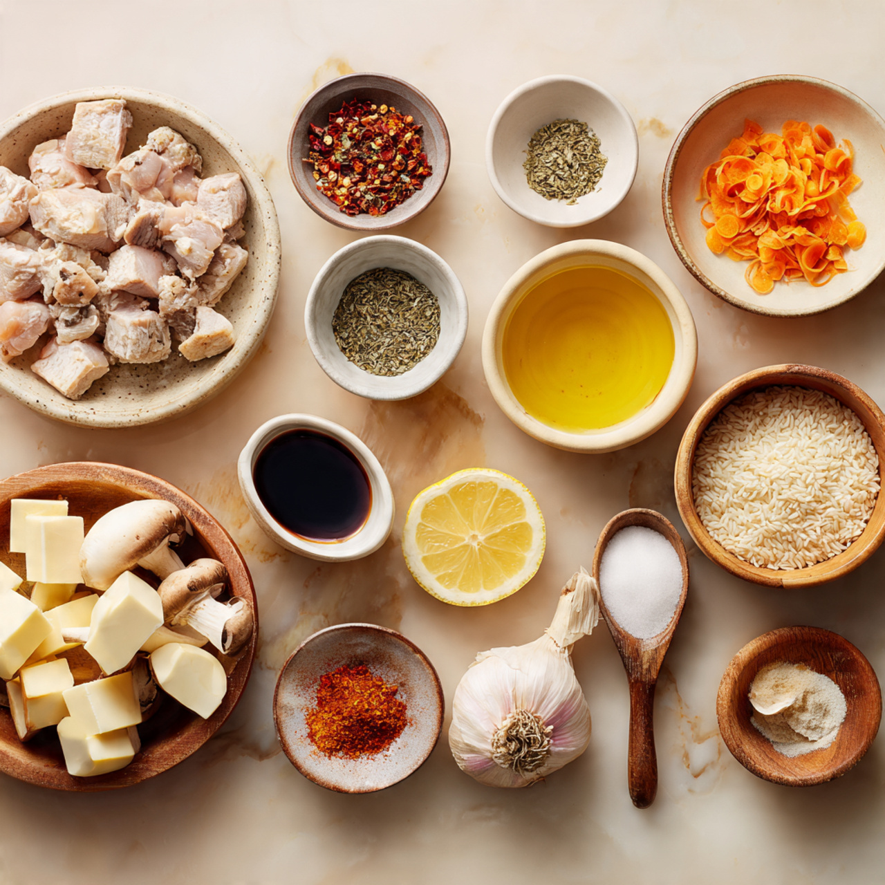 The image shows an arrangement of cooking ingredients on a beige surface. There are small bowls and dishes holding items like cubed raw chicken, diced onions, chopped carrots, sliced mushrooms, three types of red spices, olive oil, butter, garlic, dried herbs, flour, milk, wild rice, broth, lemon juice, soy sauce, and chili flakes. The items are neatly organized in rows creating a clean and orderly layout, with wooden bowls mixed with white ceramic bowls. The shot is bright and clear with a focus on the variety and color of the ingredients. photo taken with an iphone --ar 4:5 --v 7