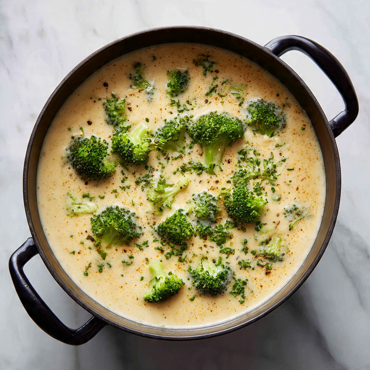 The image shows a round black cooking pot filled about halfway with creamy light beige soup, topped with fresh bright green broccoli florets scattered unevenly on the surface. The pot has two handles on each side and sits on a white marbled surface. The soup appears smooth and frothy with a slightly shiny texture, while the broccoli adds a fresh, textured contrast with its small tree-like shapes. Photo taken with an iphone --ar 4:5 --v 7