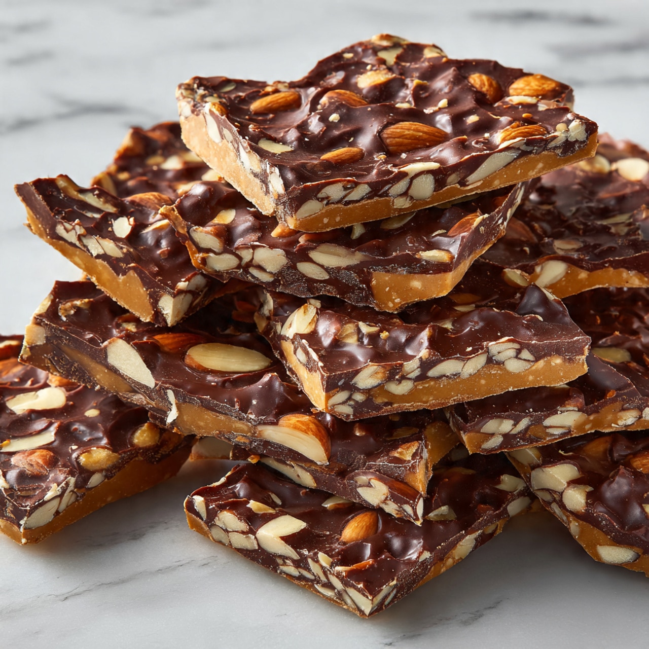 A rectangular bar of nutty chocolate mixture rests on a piece of brown parchment paper, placed on a white marbled surface. The top layer is covered with chopped nuts including almonds, showing a mix of light browns and creamy white colors. The base looks dense and rich dark brown, likely chocolate. To the left, there is an empty baking tray with a metallic texture and slightly raised sides. The overall look is rustic and homemade, with a clear focus on the nut topping and thick chocolate layer photo taken with an iphone --ar 4:5 --v 7