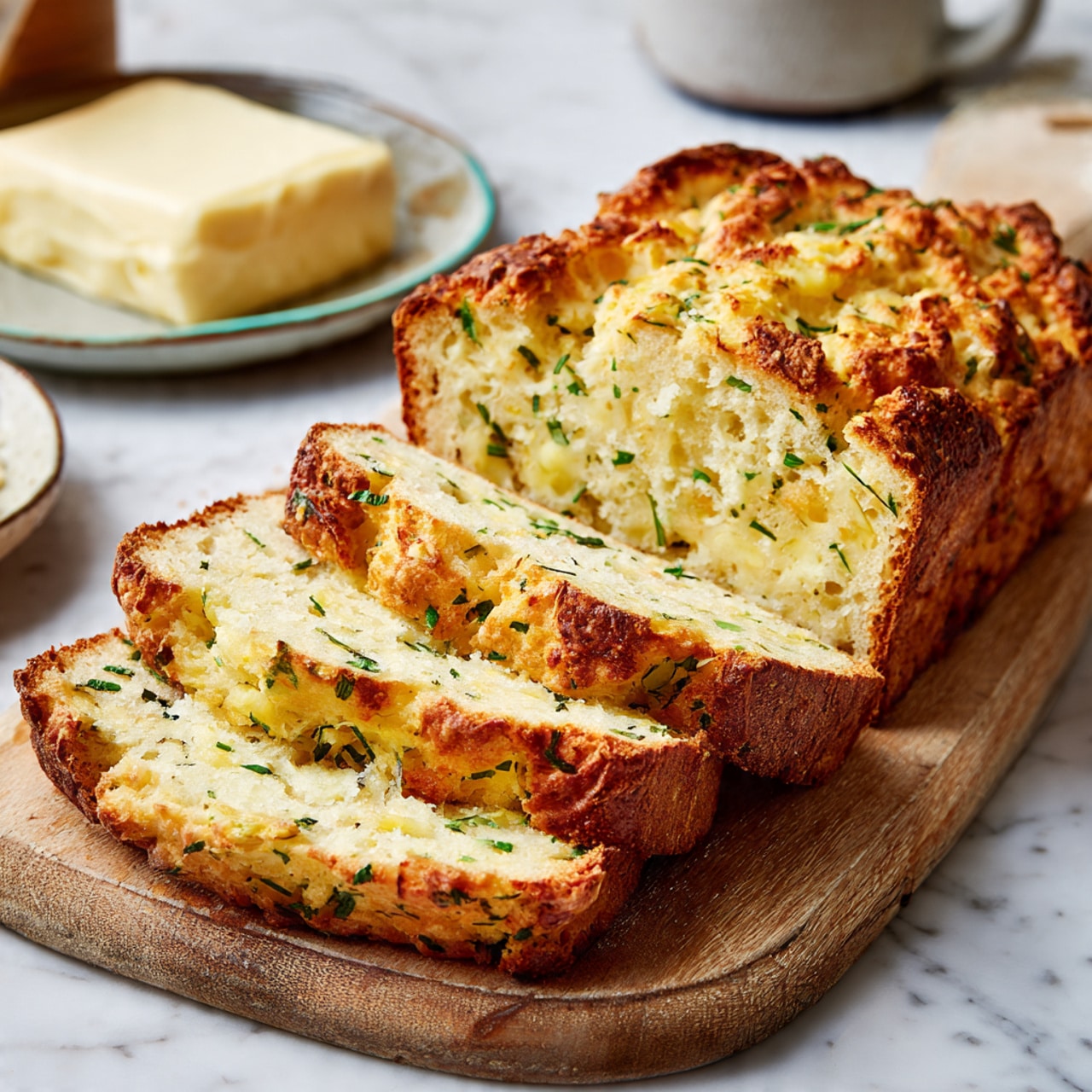 A round loaf of bread with a golden-brown crust and a rough, cracked texture sits in the center of a baking tray covered with parchment paper. The bread shows a cross pattern cut on top, revealing a soft yellow inside with bits of green herbs visible. The baking tray has a copper-colored frame, and the background is a white marbled surface. photo taken with an iphone --ar 4:5 --v 7