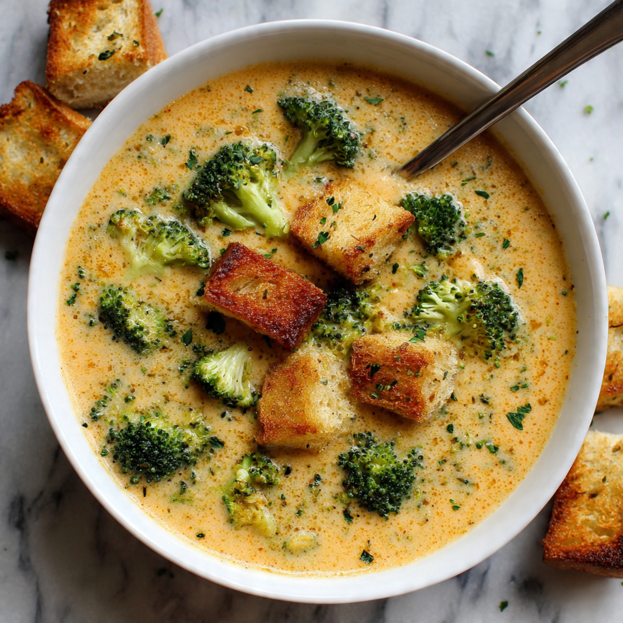 A deep white bowl filled with thick, creamy broccoli soup that has a pale orange color. Inside the soup, there are bright green broccoli florets scattered evenly throughout. On top and partially submerged, chunks of golden brown toasted bread float, adding a rough, crispy texture contrast to the smooth soup. A metal spoon rests inside the bowl, partially covered with soup, positioned towards the left side. Around the bowl on a white marbled surface, more pieces of toasted bread are scattered casually. photo taken with an iphone --ar 4:5 --v 7