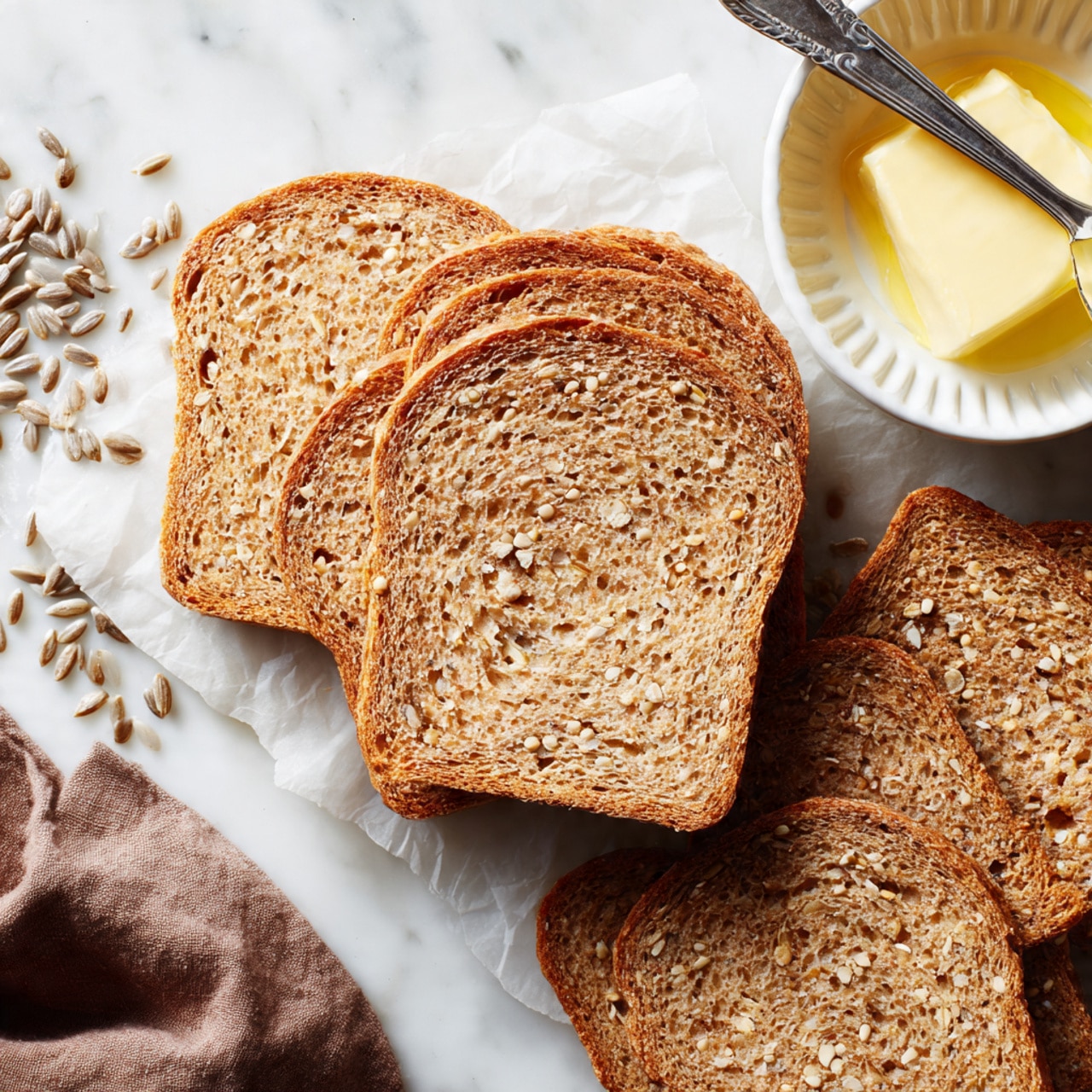 A close-up view of a loaf of multigrain bread with a golden-brown crust on top, showing a soft, textured light beige inside filled with small seeds and grains throughout. The bread has a rounded top and straight sides with a visible spiral pattern in the center. It sits upright on a wooden board with one slice lying down beside the loaf. The background is a white marbled surface with a soft-focus light beige backdrop. A folded light pink cloth is under the wooden board. Photo taken with an iphone --ar 4:5 --v 7
