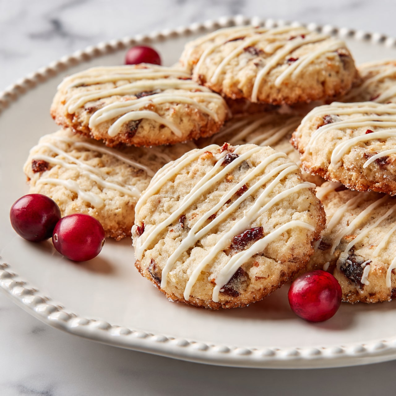 A close-up view of round cookies arranged on a white plate with decorative edges. Each cookie has a pale golden base mixed with small dark red and black bits throughout, likely dried fruit pieces. The cookies are topped with thin, white icing lines drizzled diagonally across the surface. The edges of the cookies have a textured sugary coating that catches the light, giving a slight sparkle. Two bright red whole cranberries sit on the corner of the plate, adding a pop of color. The plate is placed on a white marbled surface. photo taken with an iphone --ar 4:5 --v 7