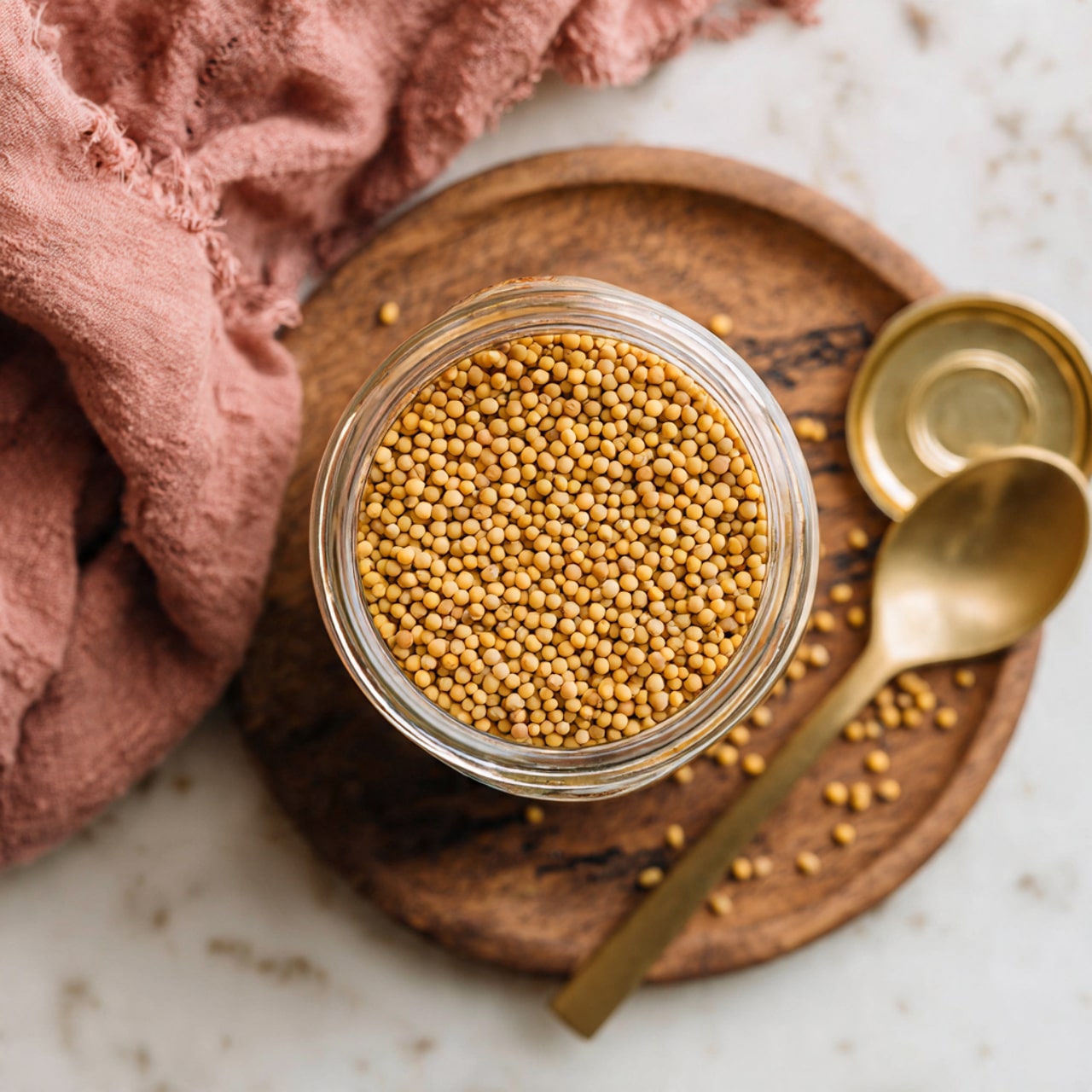 A top view of a clear glass jar filled with many small round yellow mustard seeds. The jar is placed on a wooden board with rough edges on a white marbled surface. To the right of the jar is its golden lid placed upside down, and a golden spoon is also slightly visible near the lid. In the background, a soft muted pink cloth is draped casually, adding a warm color contrast. Photo taken with an iphone --ar 4:5 --v 7