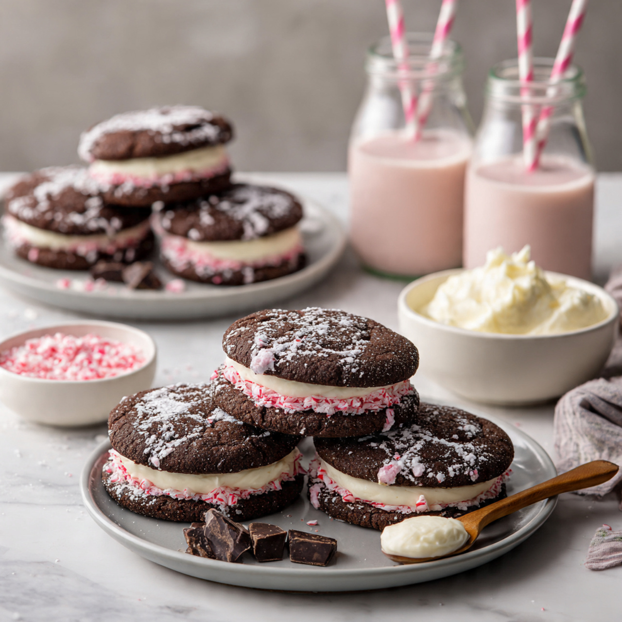 Two dark chocolate crinkle cookies form each sandwich, with white powdered sugar sprinkled on top. The middle layer is thick and creamy white filling mixed with crushed red candy pieces, creating a colorful texture at the edges. The cookies and filling rest on a white marbled surface, with blurred white bottles in the background. The focus is on the front cookie sandwich, showing clear texture on the candy and powdered sugar. Photo taken with an iphone --ar 4:5 --v 7