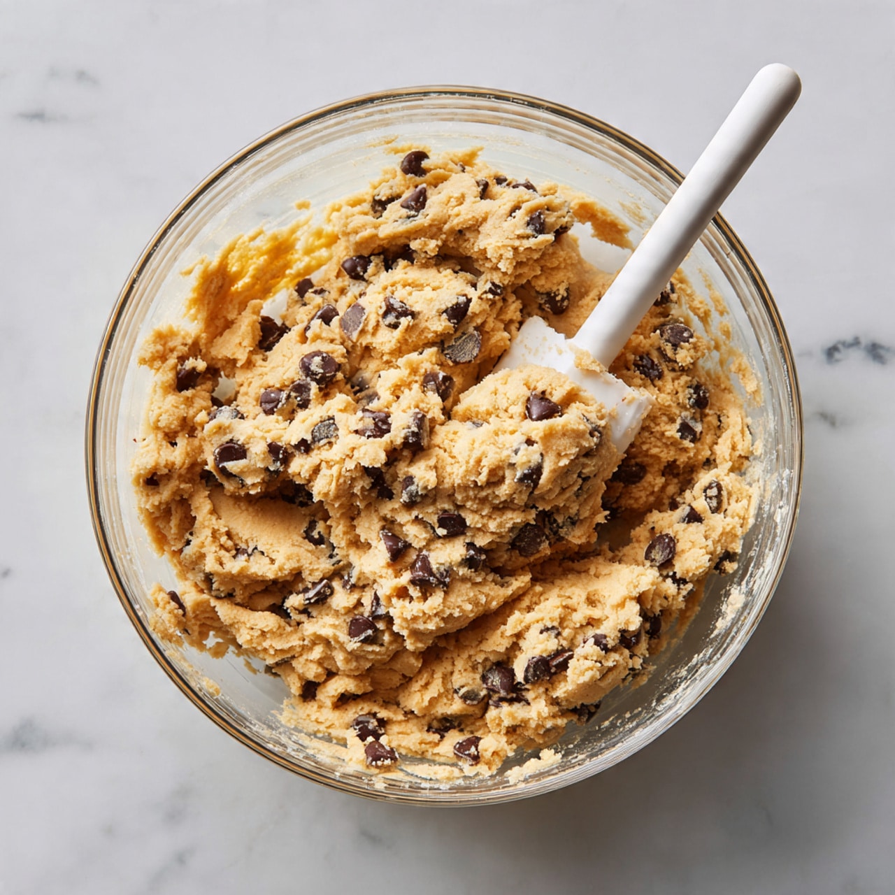 A white bowl filled with nine round cookies with a light brown color and many dark chocolate chips visible on their slightly bumpy surface. Behind the bowl, some cookies rest on a rose gold cooling rack on a white marbled surface. The cookies look soft and thick with a slightly uneven round shape. The scene has warm natural light, showing the texture clearly. photo taken with an iphone --ar 4:5 --v 7