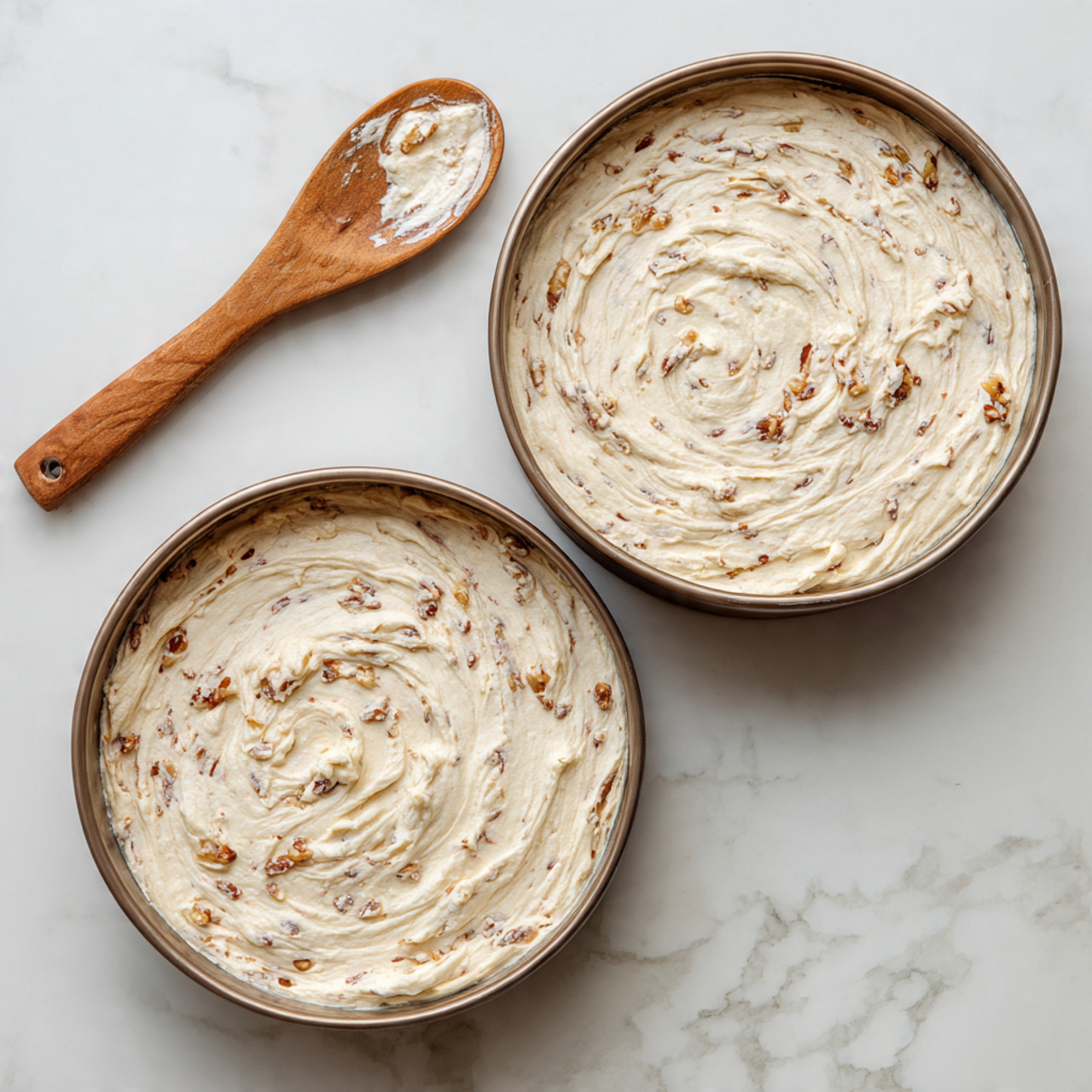 Two round metal pans filled with thick, creamy pale dough that has small brown bits mixed inside, spread evenly to the edges with some swirled texture on top. Below and between the pans lies a wooden spoon with some dough sticking to its scoop. The pans and spoon rest on a white marbled surface. photo taken with an iphone --ar 4:5 --v 7