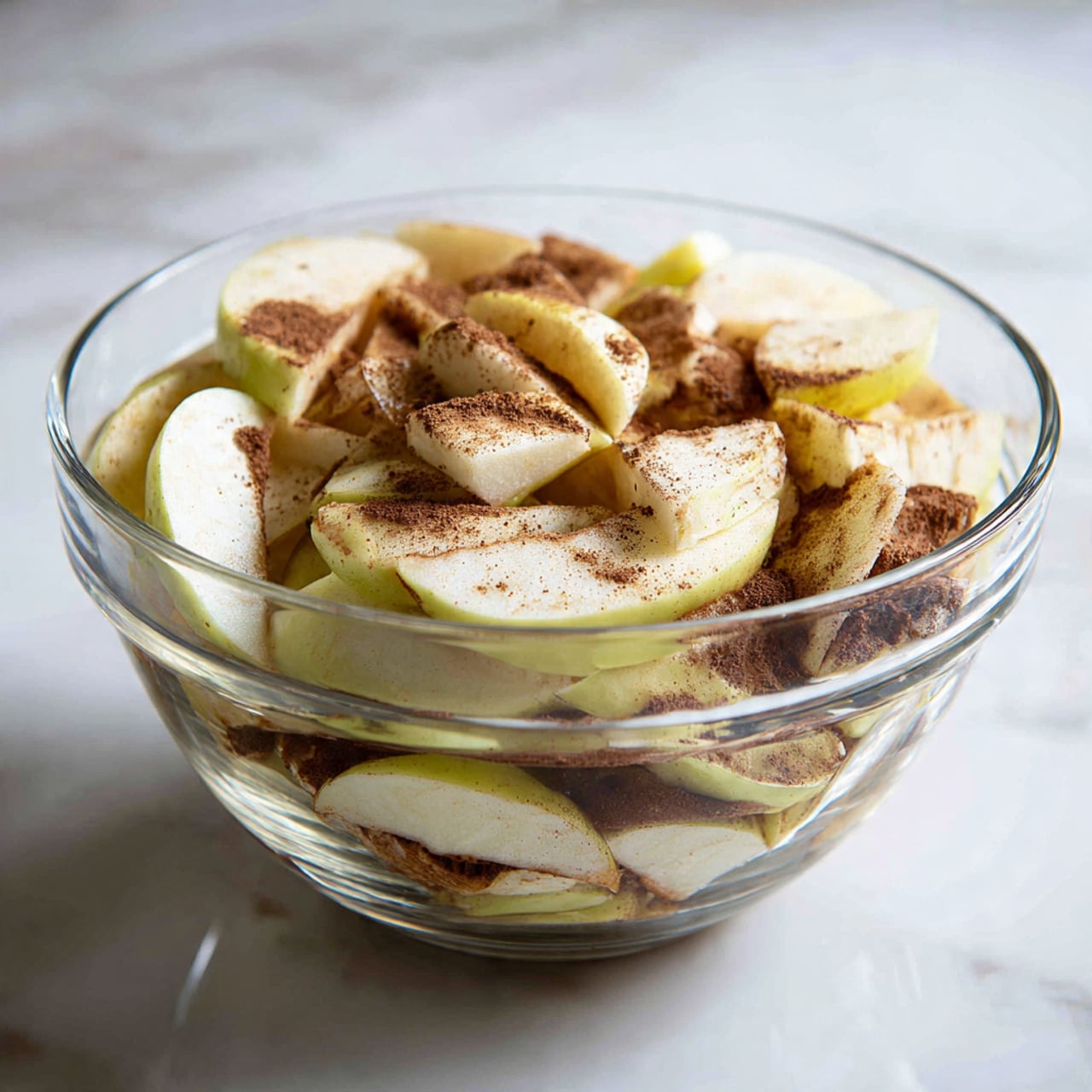 A clear glass bowl filled with multiple layers of sliced apple pieces, some coated with brown cinnamon powder, giving a mix of light yellow and brown shades. The apple slices are uneven in shape and size, filling the bowl nearly to the top, placed on a white marbled surface. photo taken with an iphone --ar 4:5 --v 7