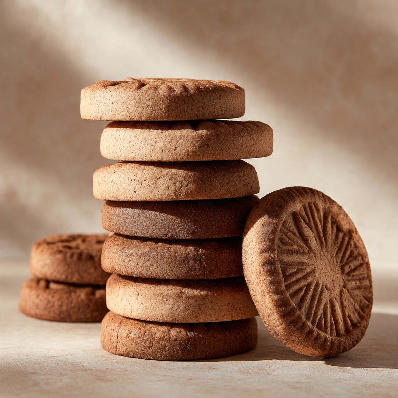 A group of round brown cookies with detailed patterns on top fills most of the image. The cookies have two main designs: one with flower-like shapes with six petals and another with short, fan-shaped lines radiating from the center. They are spread casually on a dark blue textured surface with some crumbs around. In the bottom right corner, a beige cloth with red stitching peeks into the frame. photo taken with an iphone --ar 4:5 --v 7