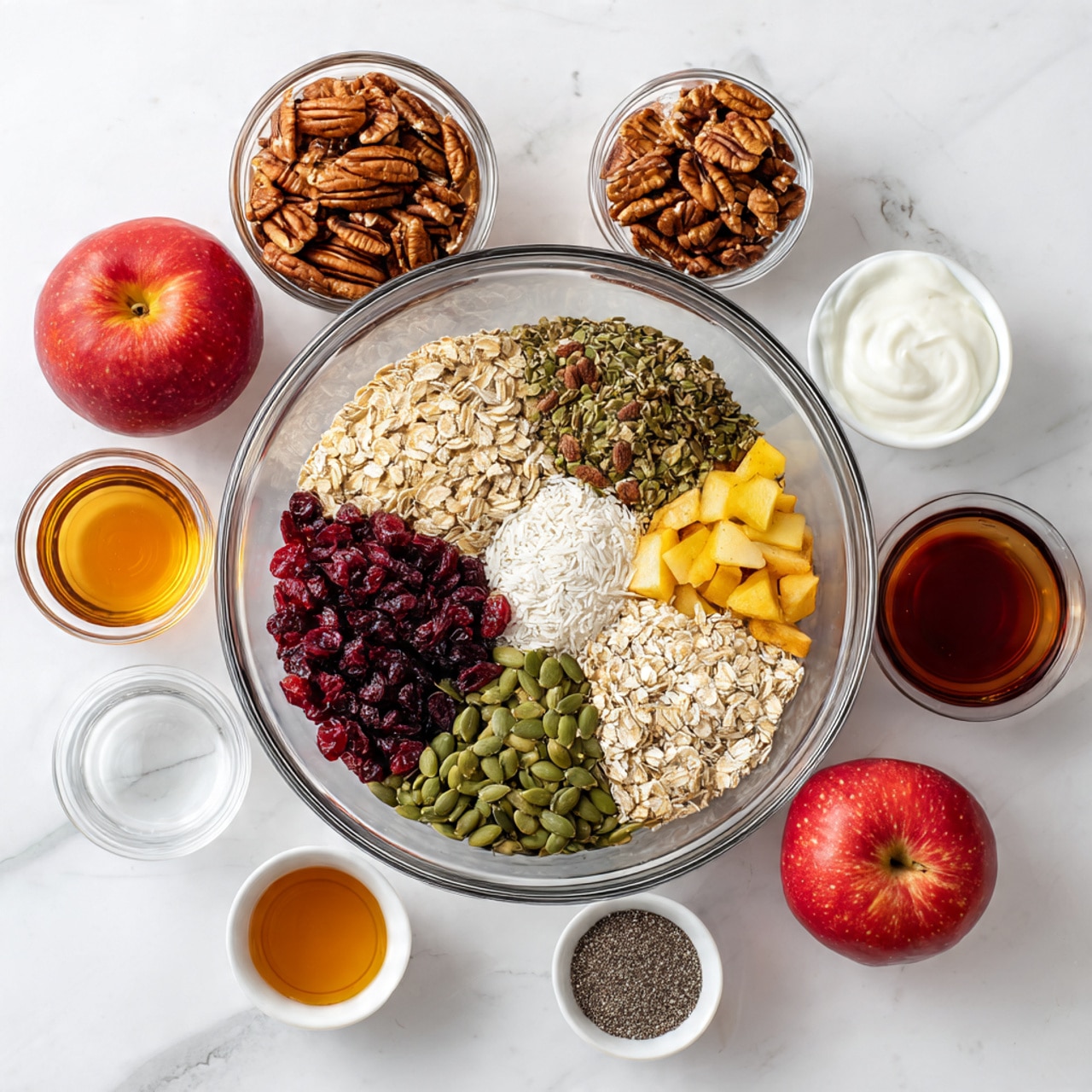 The image shows two white bowls of creamy oatmeal on a white marbled surface. Each bowl has a thick layer of oatmeal mixed with visible chunks of cranberries and seeds. On top, there is a layer of smooth, light brown nut butter, a dollop of white yogurt or cream, and scattered pieces of chopped pecans. Next to the nut butter and yogurt, there is a fanned arrangement of thin red apple slices placed on one side of each bowl. Around the bowls, there are extra pieces of pecans and a glass jar partially filled with pecans, with a white ceramic spoon placed near the bottom left bowl. The overall scene is bright and fresh, with natural light highlighting the textures and colors. photo taken with an iphone --ar 4:5 --v 7