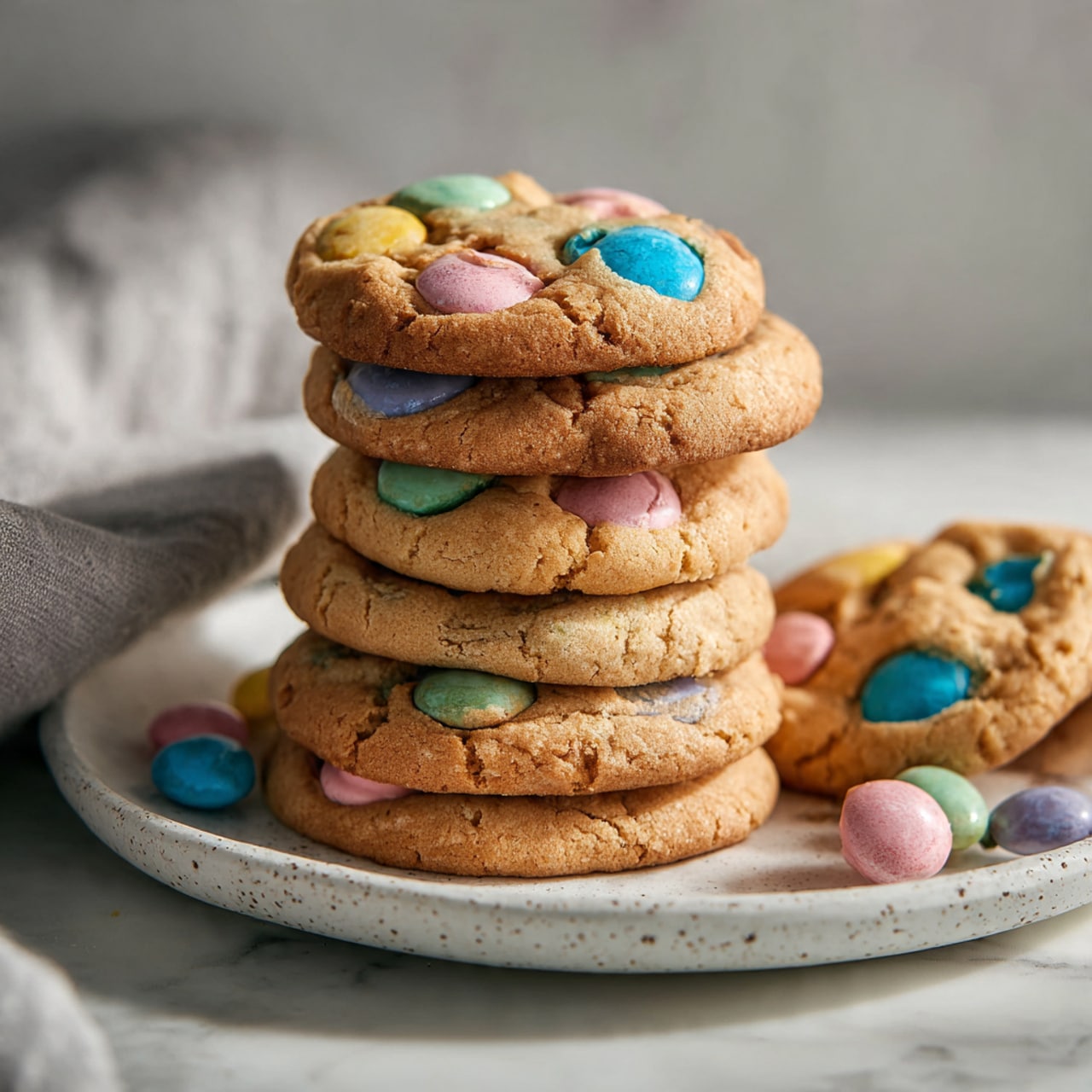 A stack of seven round cookies with a soft, golden-brown texture sits on a white speckled plate. Each cookie has colorful candy pieces in pastel shades of blue, green, pink, yellow, and purple scattered on and slightly melted into the surface. A few loose candies are placed on the white marbled surface around the plate. A gray cloth is partially visible on the left side. The lighting is soft and natural, highlighting the cookies' slightly chewy edges. photo taken with an iphone --ar 4:5 --v 7