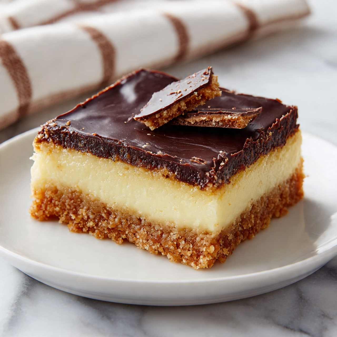 The image shows a dessert bar with three layers on a white plate placed on a white marbled surface. The bottom layer is a golden-brown crust, rough and crumbly in texture. The middle layer is thick and creamy, pale yellow in color, smooth and soft. The top layer is a shiny, dark chocolate sheet with cracks and breaks, slightly glossy and rich in texture. Two broken pieces of the crust rest on top of the chocolate layer. The background includes a white cloth with a brown grid pattern, softly blurred. photo taken with an iphone --ar 4:5 --v 7