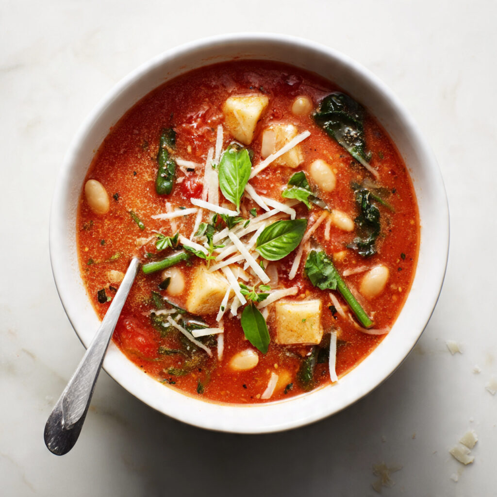 Hearty Vegetable Minestrone Soup with Pasta and Basil Recipe