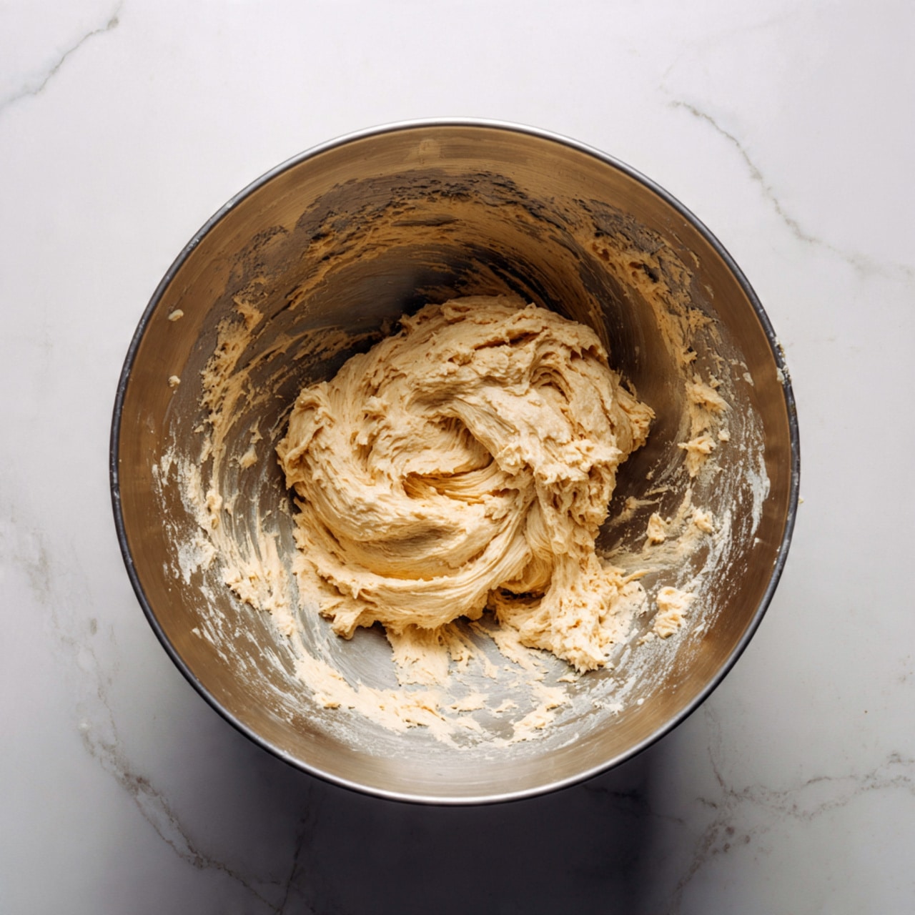 The image shows a close-up of a metal mixing bowl filled with thick, light brown dough with a slightly sticky texture. The dough is swirled and sits in the center, with some remnants of the dough spread along the inner sides of the bowl. The bowl rests on a white marbled surface. Photo taken with an iphone --ar 4:5 --v 7