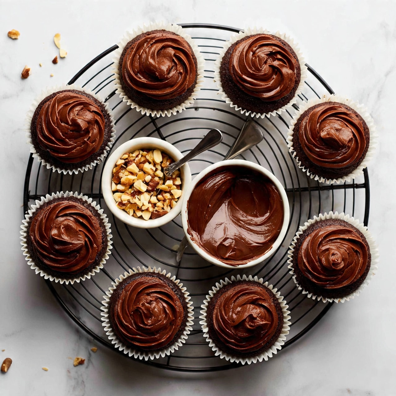 A black cooling rack holds ten chocolate frosted cupcakes with smooth, swirled frosting in white paper liners spread out randomly on it, positioned on a white marbled surface. Two small white bowls are placed on the rack, one filled with chopped nuts and the other with rich chocolate spread, which has a small silver knife resting inside it with chocolate on the blade. The overall look showcases the dark, creamy texture of the frosting contrasting with the light paper liners and white bowls. photo taken with an iphone --ar 4:5 --v 7