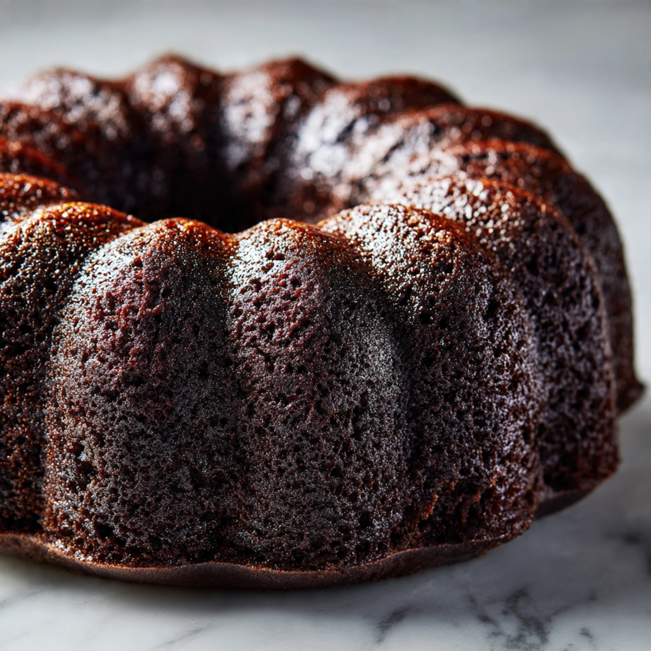 A dark brown chocolate cake with a cracked, rough surface sits in a gray bundt pan. The cake has risen high, filling the entire pan, and has a hole in the center typical of bundt cakes. The cake texture looks moist and dense with a shiny crust. The pan sits on a white marbled surface. photo taken with an iphone --ar 4:5 --v 7